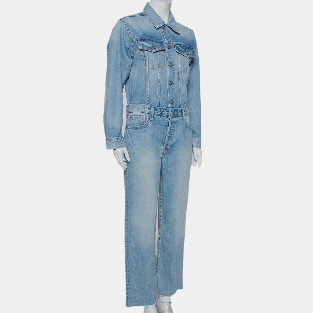 Masterful tailoring and pure designing characterize this outfit from Grlfrnd. This blue jumpsuit redefines your style and is made from denim featuring pockets and belt loops. It has full sleeves, a flattering fit, and a button closure.

