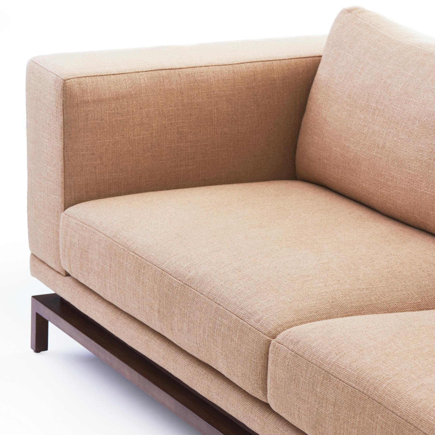 American Custom Contemporary Sofa Wheat Linen Walnut Base Gil Melott Bespoke For Sale