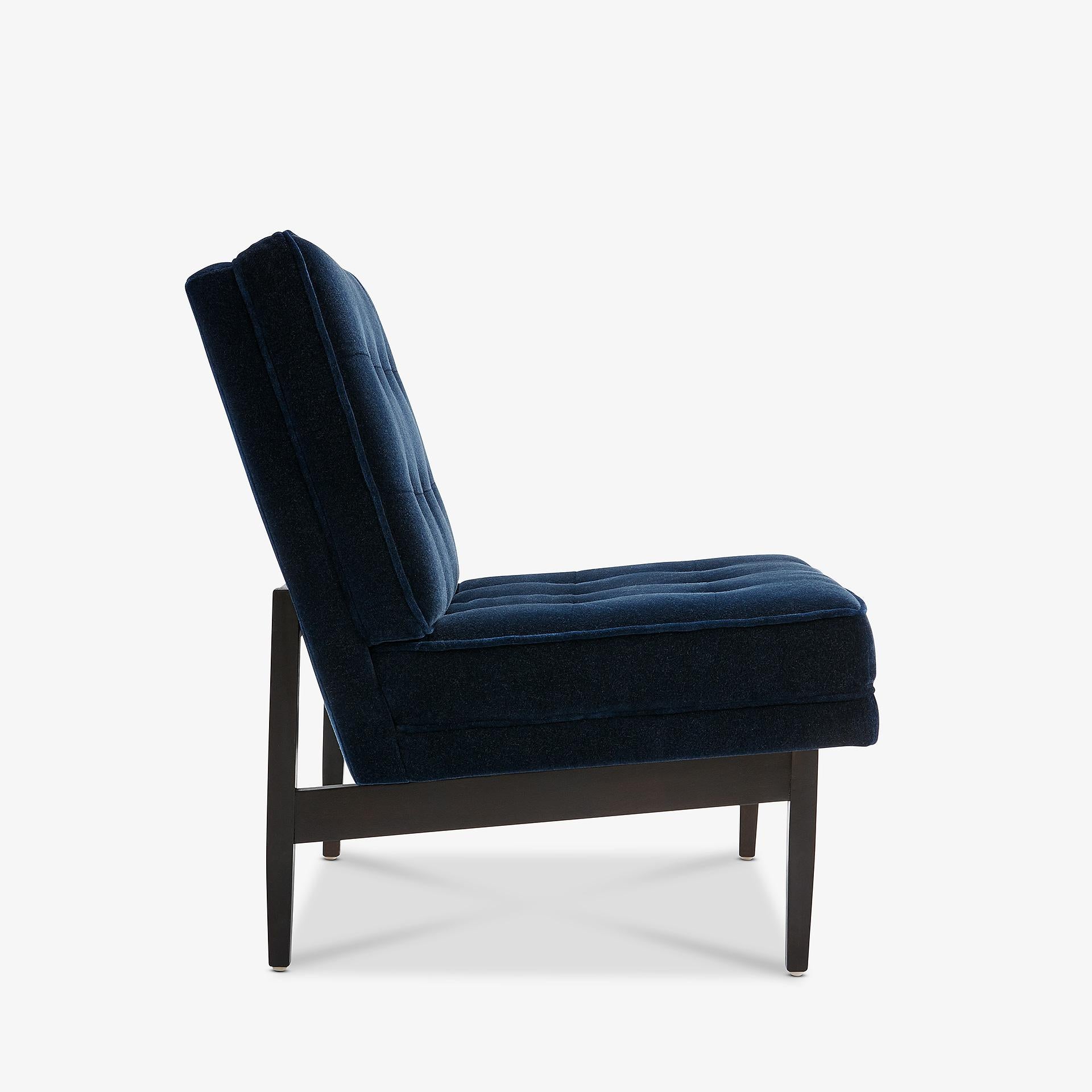 These versatile lounge chairs can work placed separately or together. Shown upholstered in a thick and luxurious prismatic blue mohair, with ebonized black maple wood base and tufted seat and back.

The grm Bespoke V lounger is available COM/COL