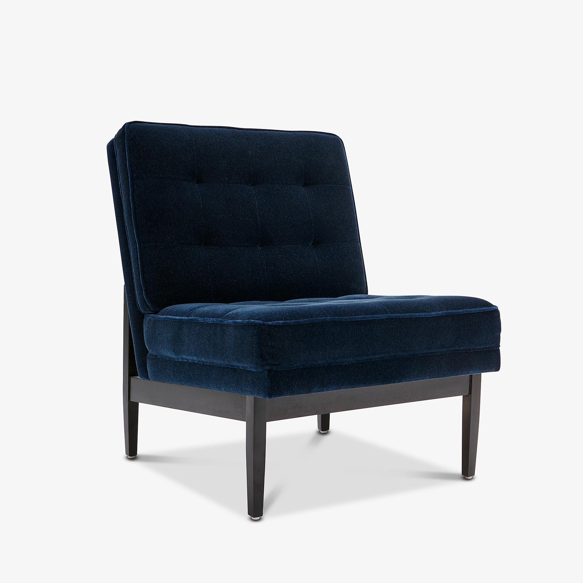 grm Bespoke V custom lounger. These versatile lounge chairs can work placed separately or together. Floor sample set of four upholstered in a thick & luxurious prismatic blue mohair. Ebonized black maple wood base. Tufted seat and back. 

The