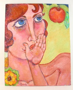 Eve with Apple, Textured Oil Impasto Painting, Signed, 30x24 in