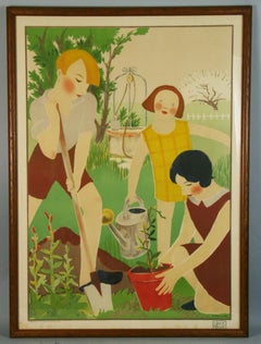 Vintage French Art Deco Large Lithograph Planting Flowers