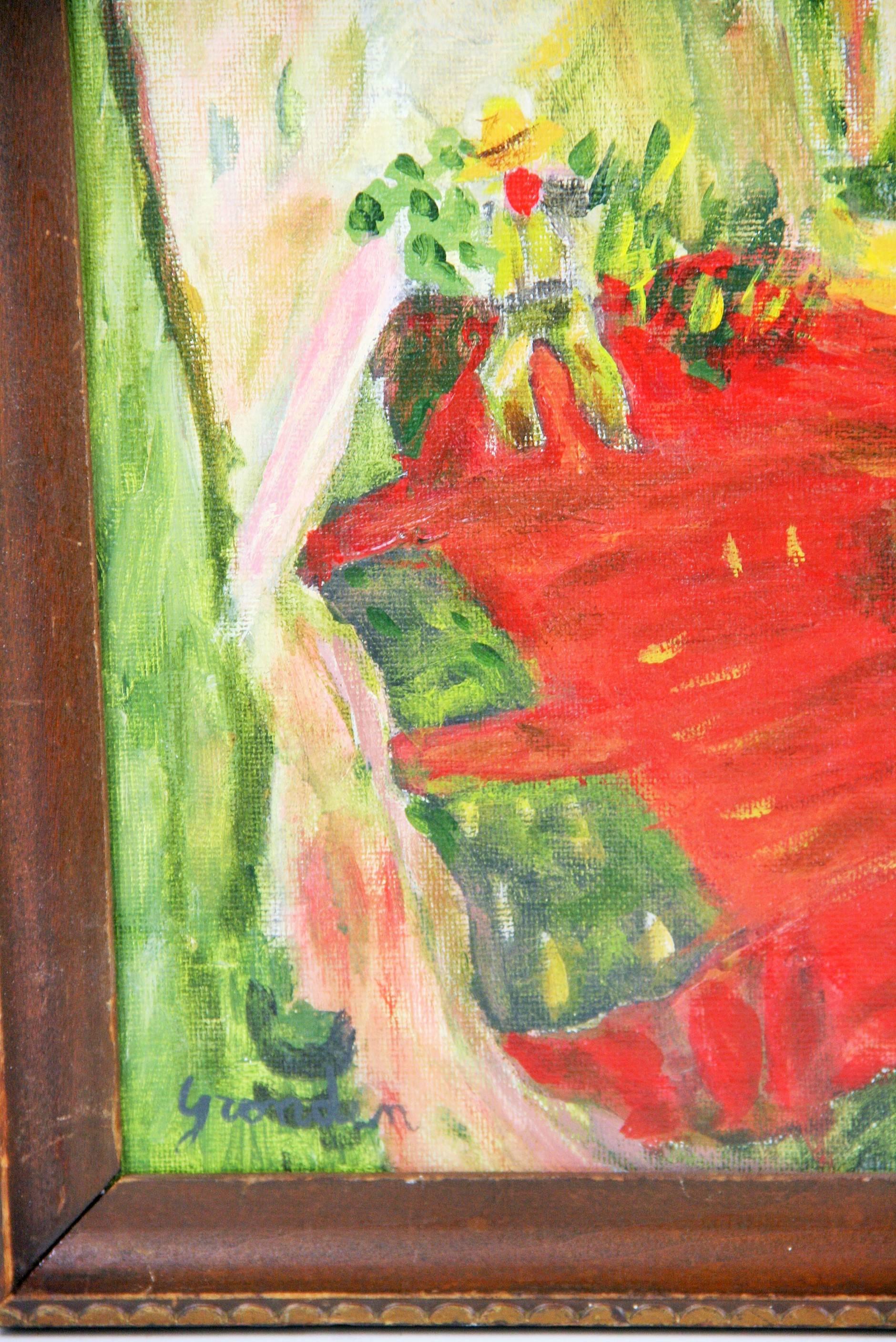 #5-2815 A  Vintage fauvist Stil Französisch Dorf, Ölgemälde  auf Künstlerpappe in einem Holzrahmen, signiert unten links von Groendain