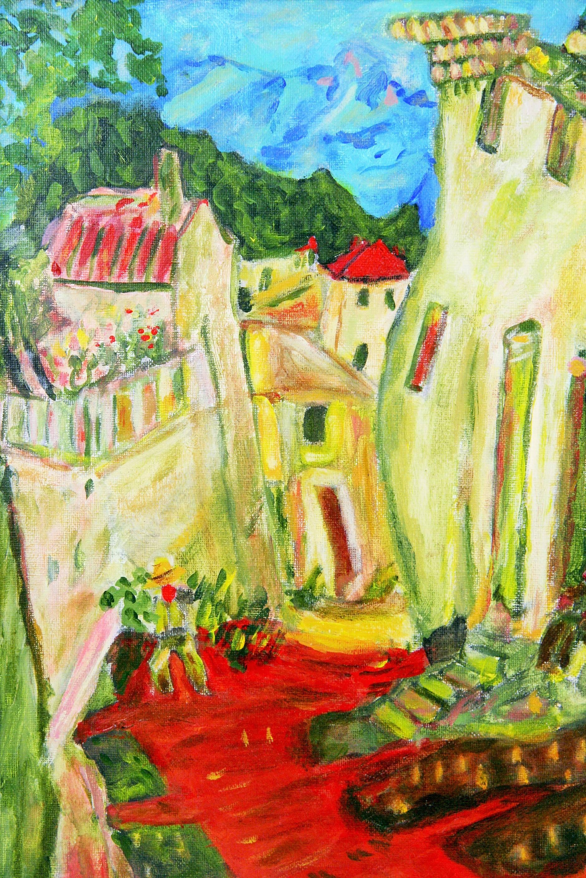 #5-2815 A fauvist style French village,acrylic on artist board displayed in a wood frame,signed lower left by Groendain