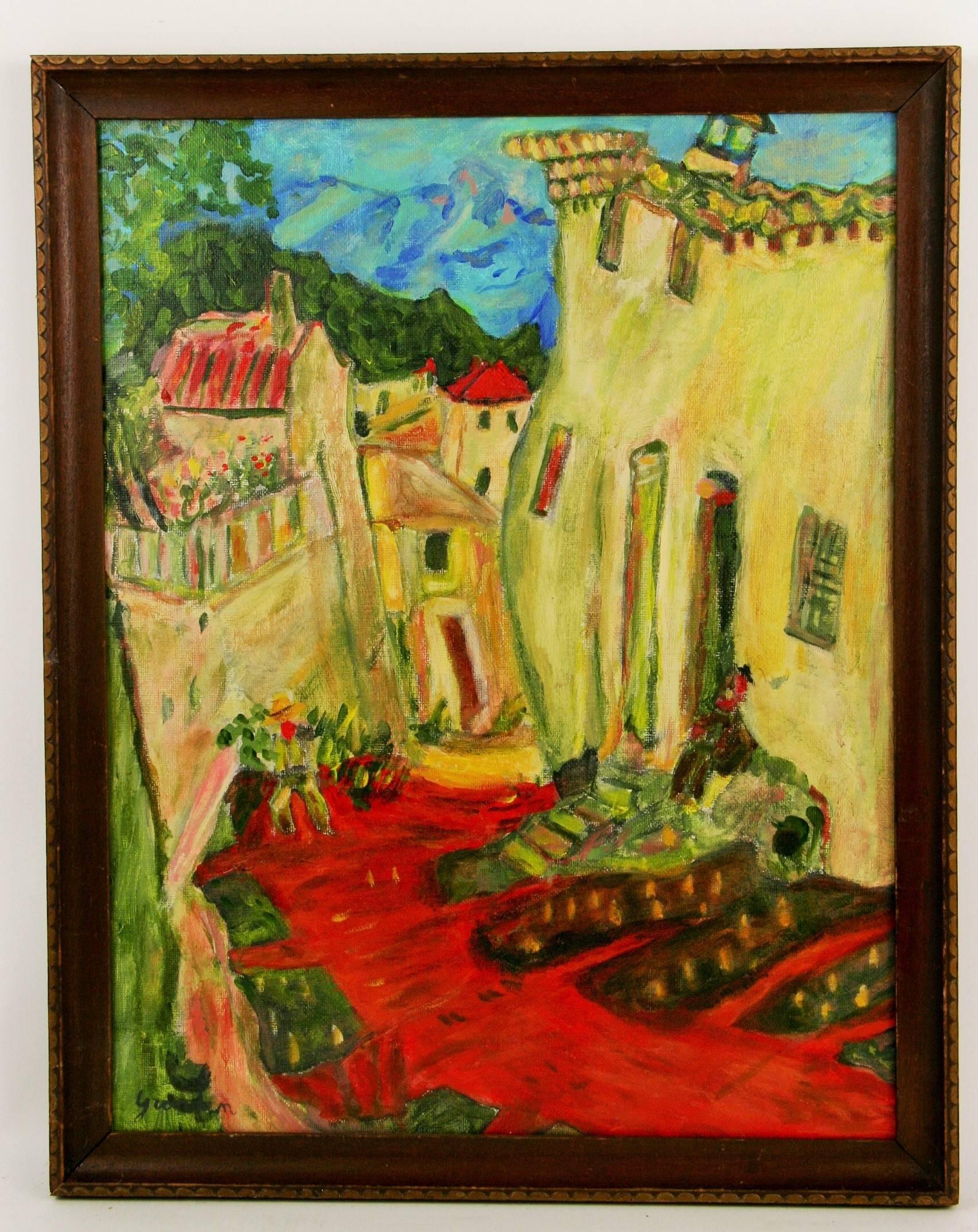 Groendain Abstract Painting -  Vintage Surreal   French Village Landscape  Painting