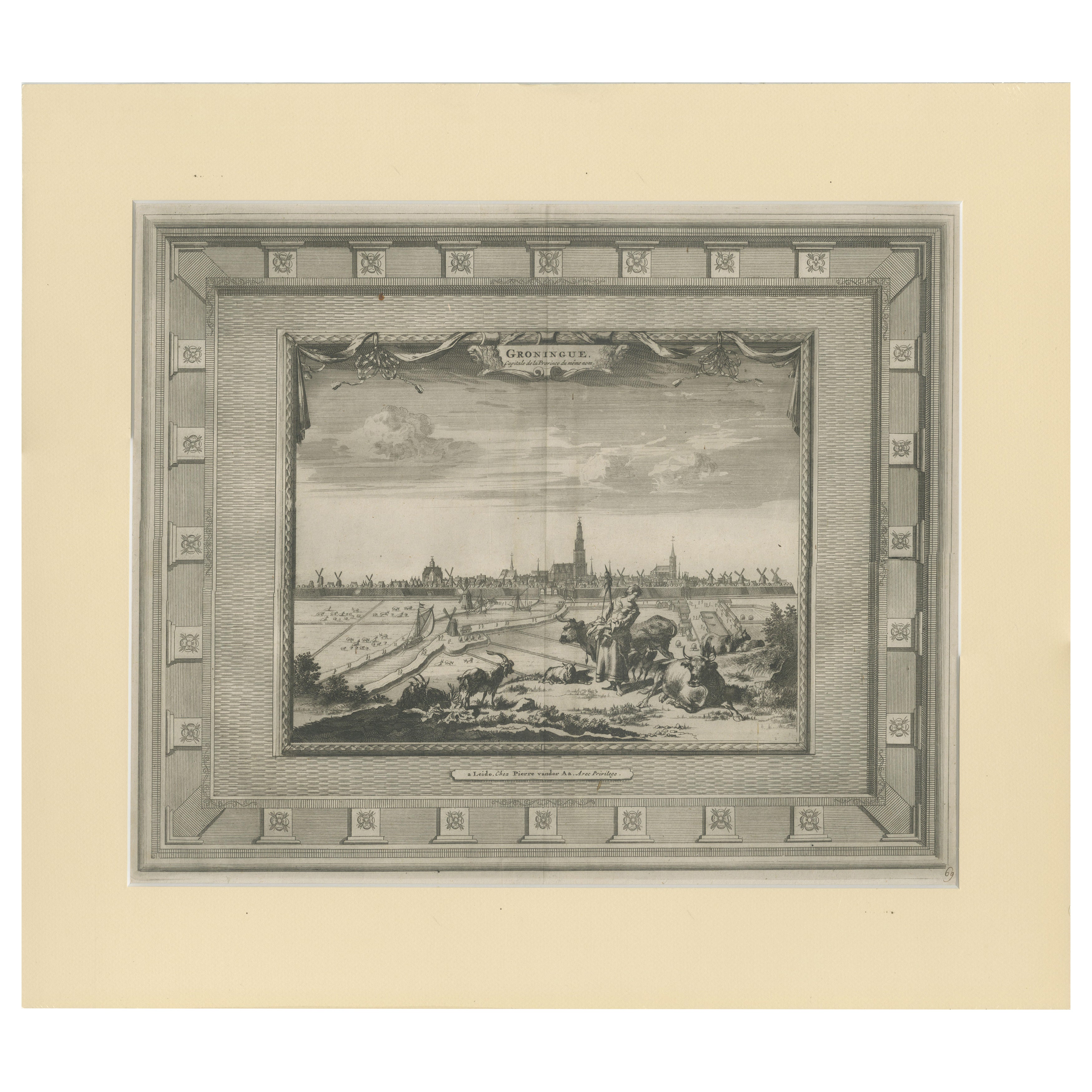 Groningen Across the Fields — Elegant Dutch City View by van der Aa, c.1710 For Sale