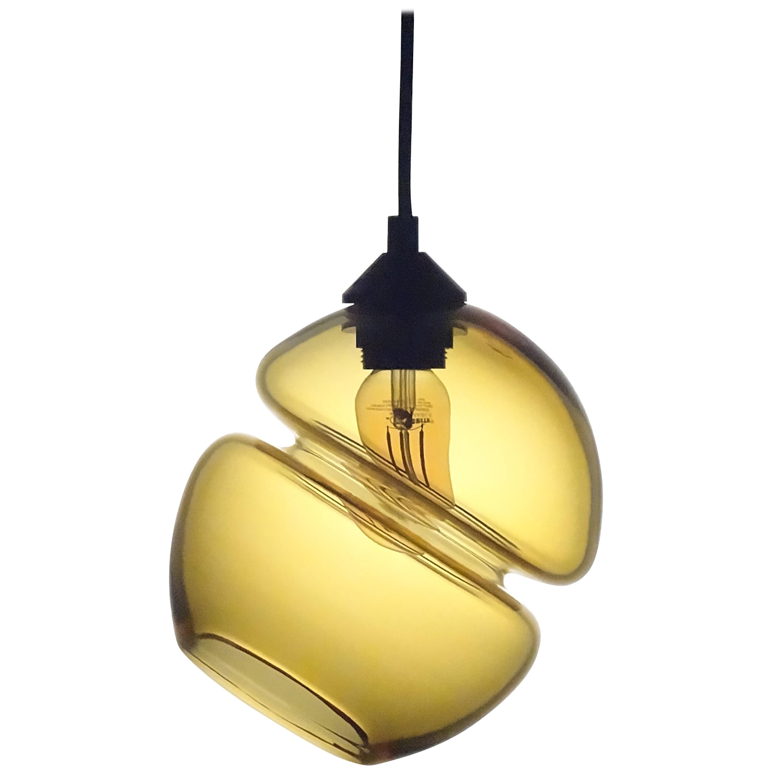 Groove Series Orb Tilt Pendant in Amber, Contemporary Handmade Glass Lighting