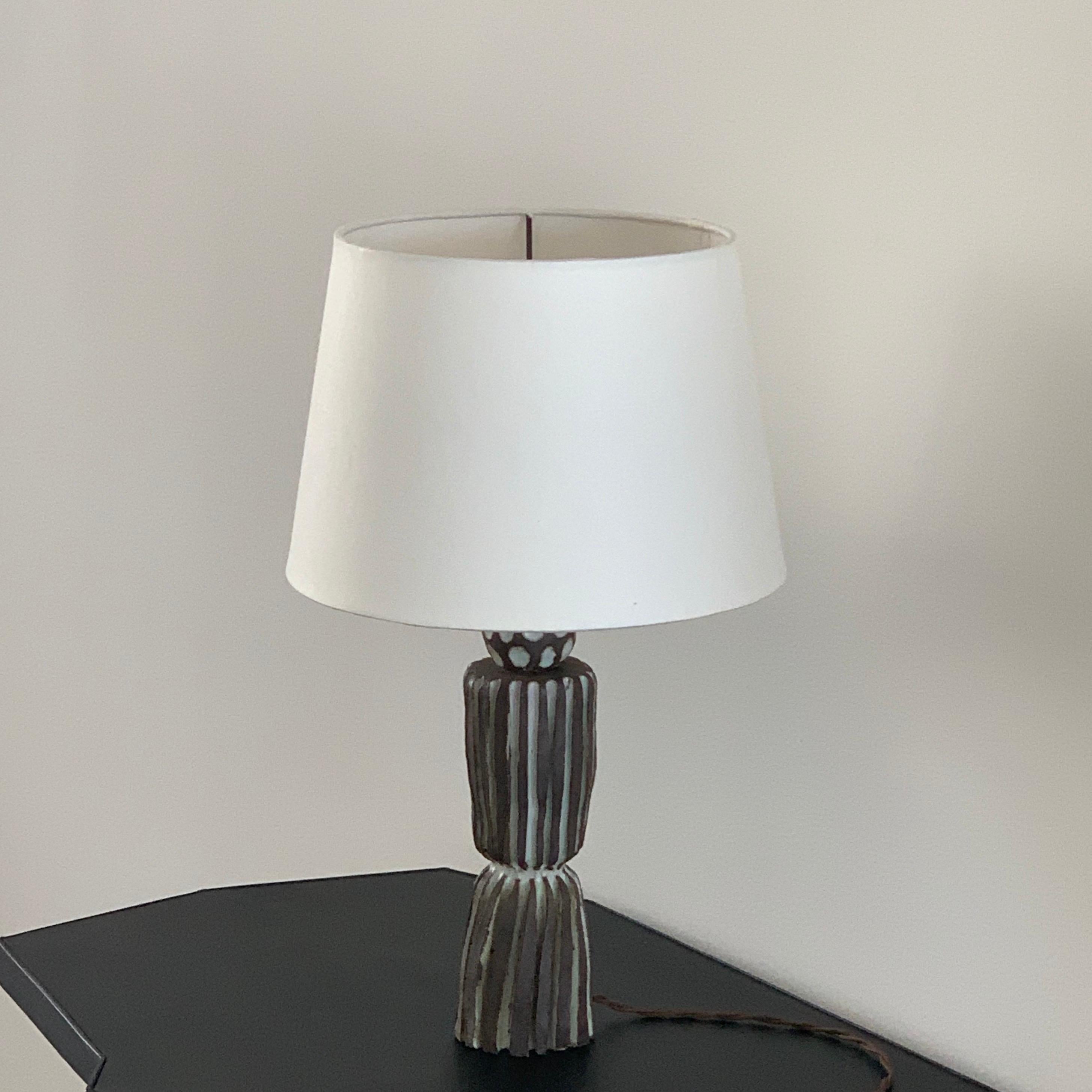 Glazed Grooved 'Sillons' Pottery Lamp with Parchment Shade by Design Frères For Sale