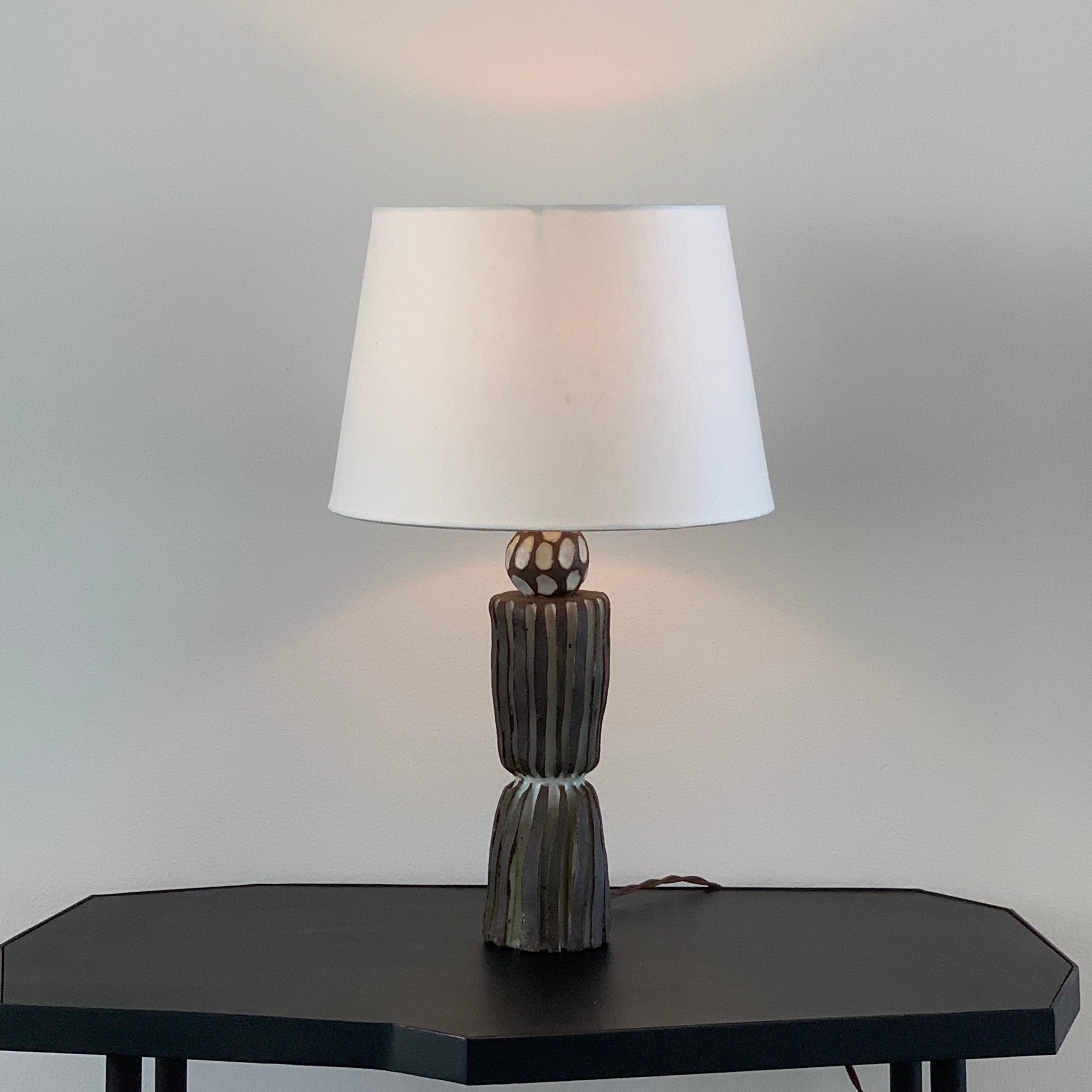 Grooved 'Sillons' Pottery Lamp with Parchment Shade by Design Frères In New Condition For Sale In Los Angeles, CA