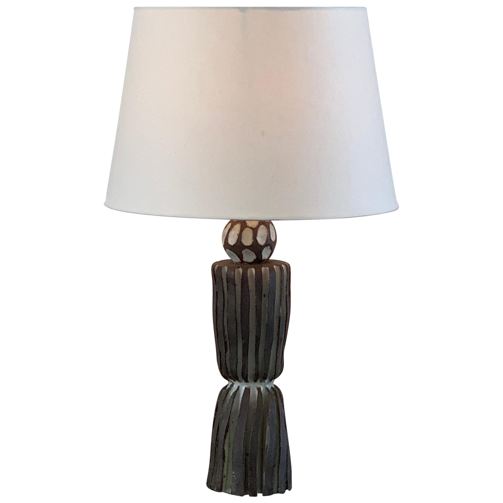 Grooved 'Sillons' Pottery Lamp with Parchment Shade by Design Frères For Sale
