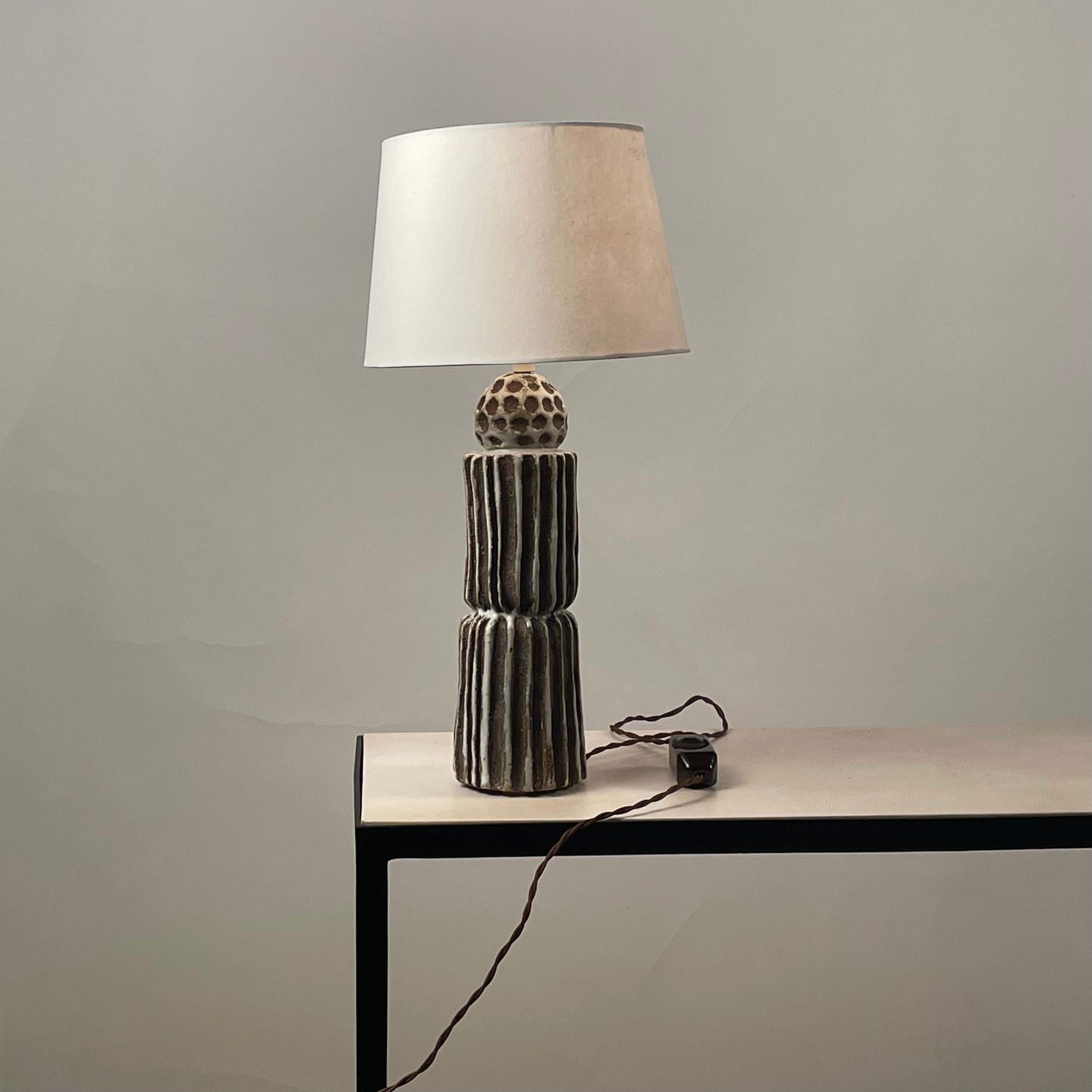 Organic Modern Grooved Pottery Tall 'Sillons' Lamp with Parchment Shade by Design Frères For Sale