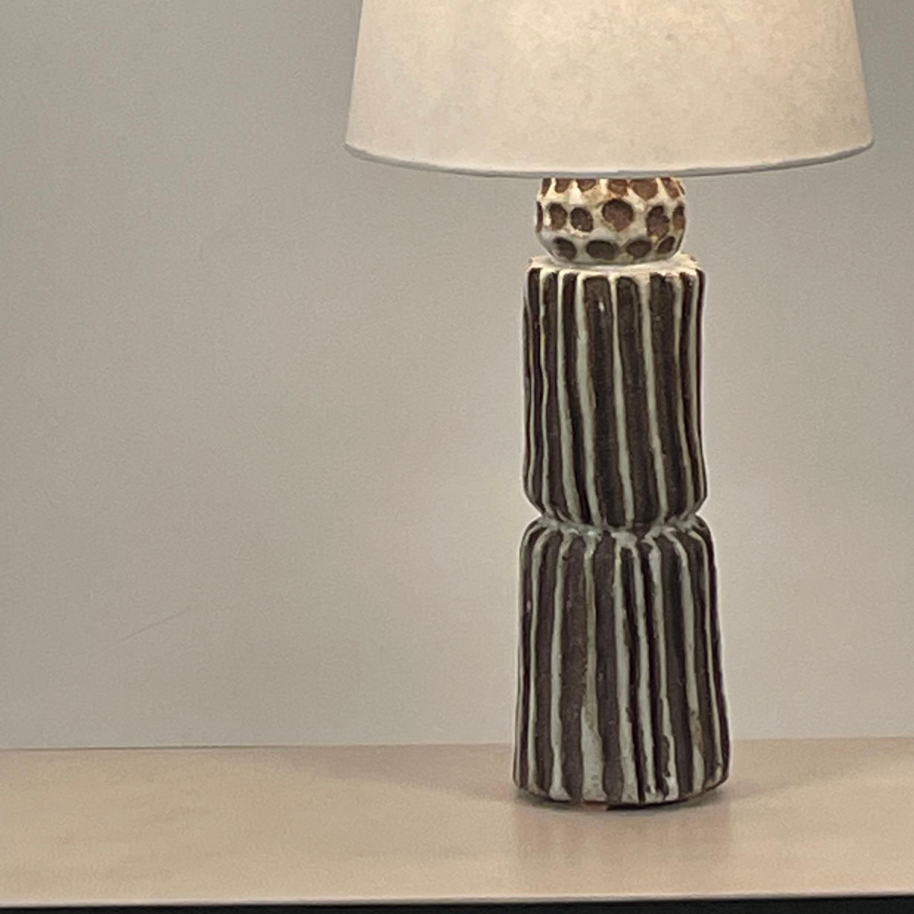 French Grooved Pottery Tall 'Sillons' Lamp with Parchment Shade by Design Frères For Sale