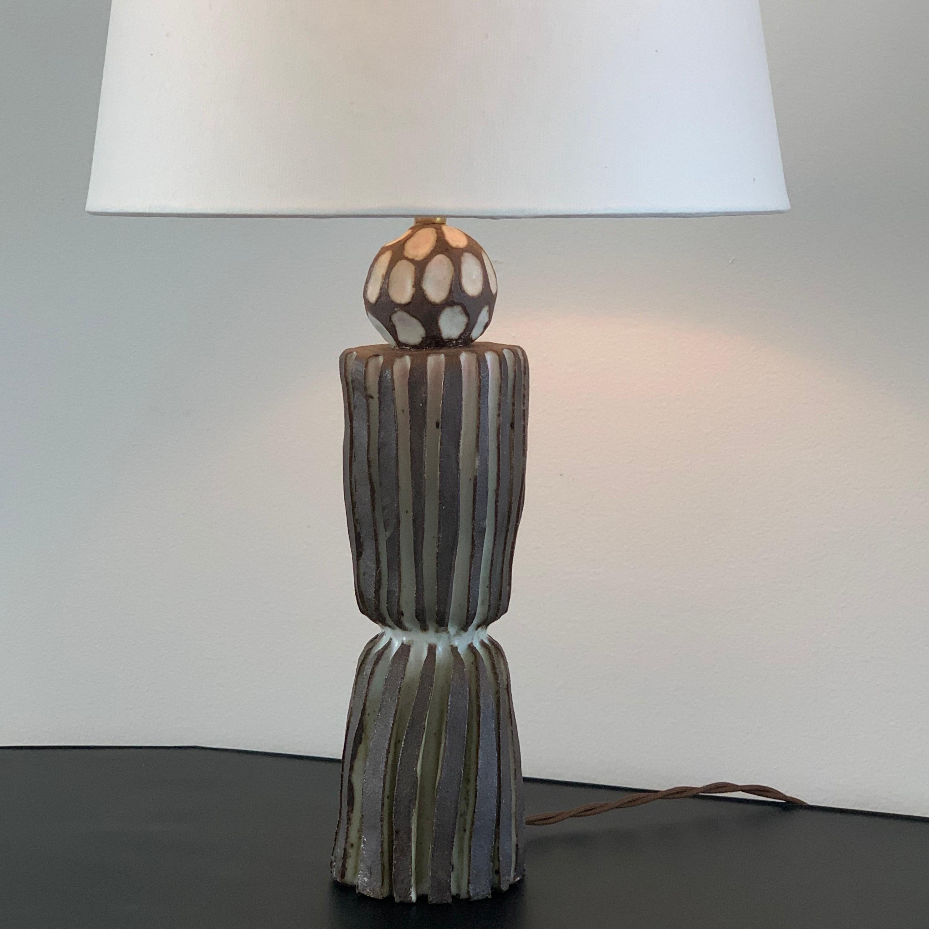 Organic Modern Grooved 'Sillons' Pottery Lamp with Parchment Shade by Design Frères For Sale