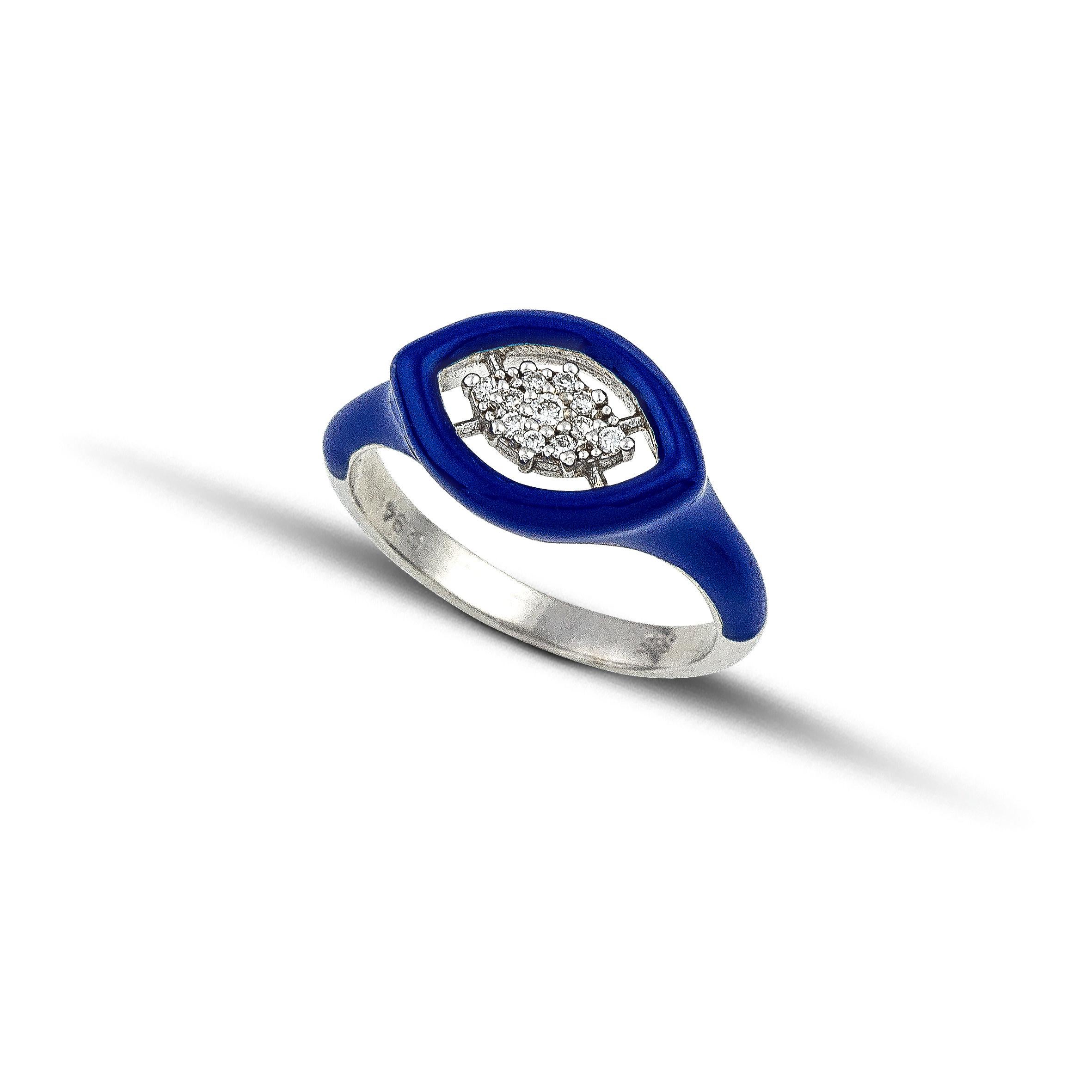 Artist Groovy Gold Ring with Diamonds and Navy Enamel For Sale