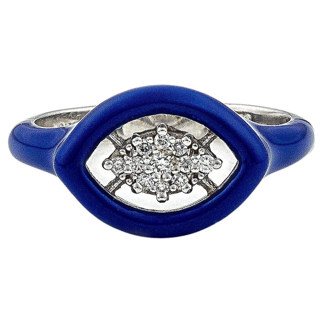 Groovy Gold Ring with Diamonds and Navy Enamel For Sale