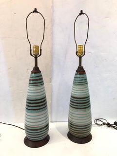 Groovy Pair of Mid-Century Modern Pottery & Wood Hand Crafted Table Lamps
