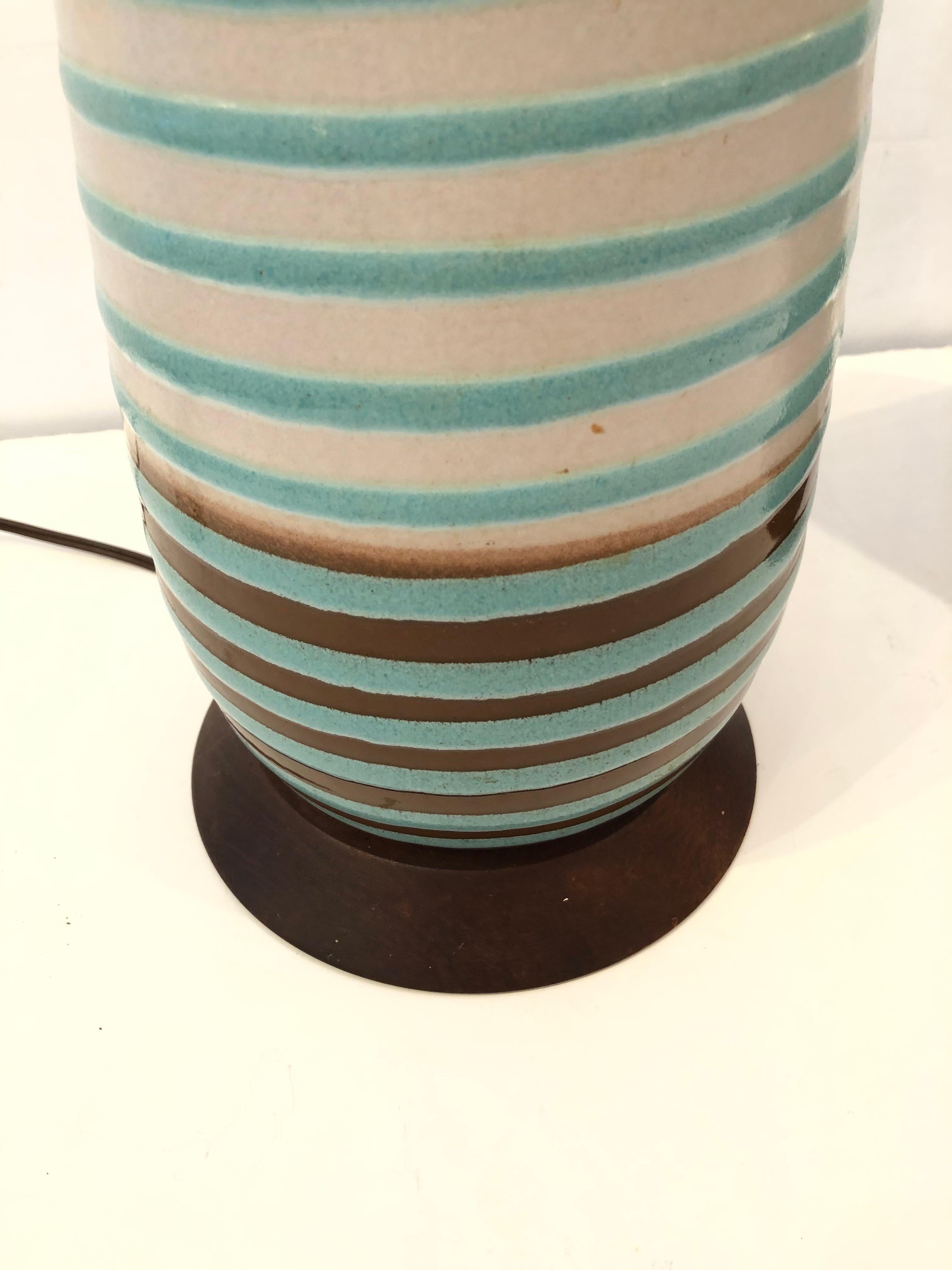 Groovy Pair of Mid-Century Modern Pottery & Wood Hand Crafted Table Lamps In Good Condition For Sale In Hopewell, NJ