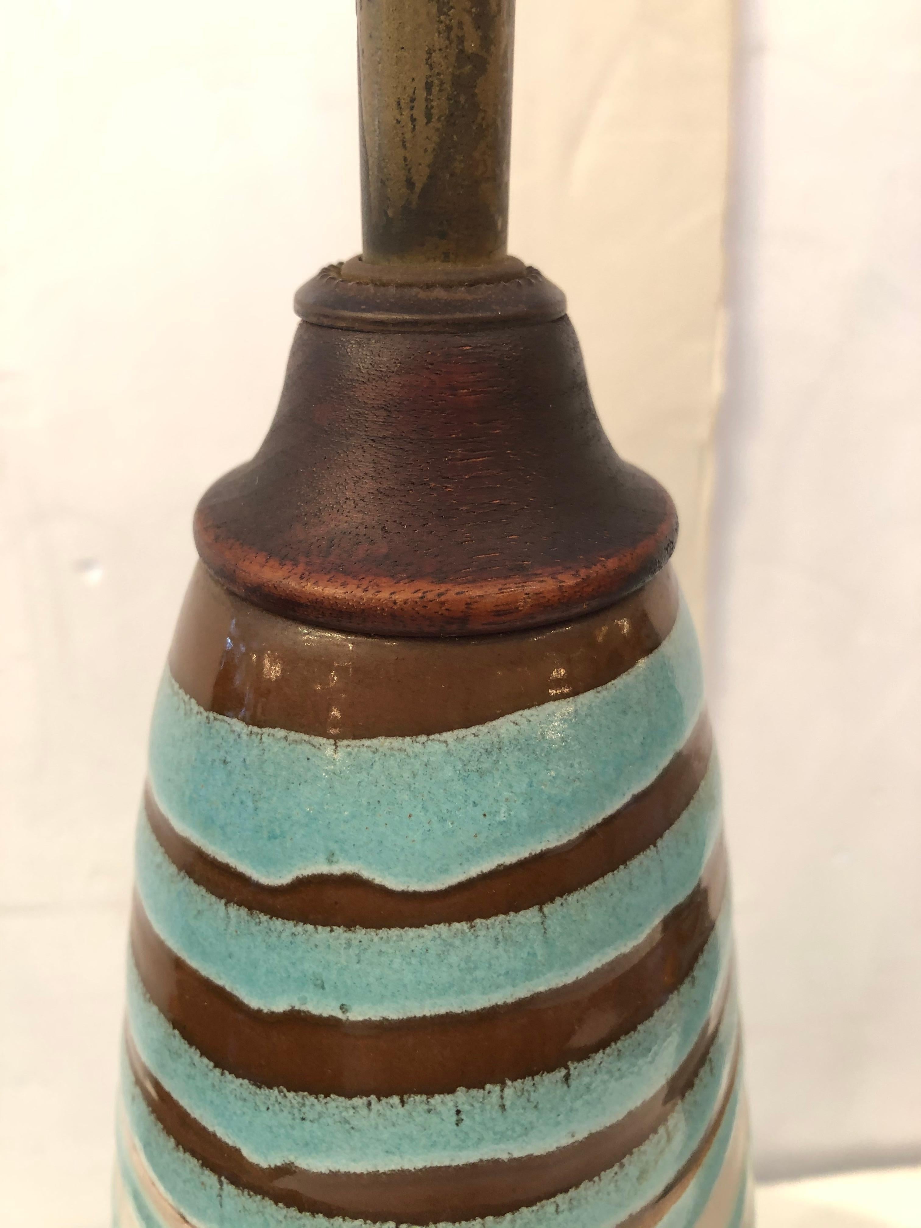 Mid-20th Century Groovy Pair of Mid-Century Modern Pottery & Wood Hand Crafted Table Lamps For Sale