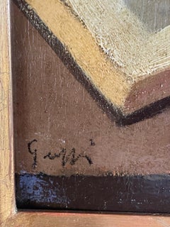 1940s Italian Modernist Still Life with Books and Open Album, Oil on Panel