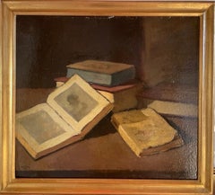 1940s Italian Modernist Still Life with Books and Open Album, Oil on Panel