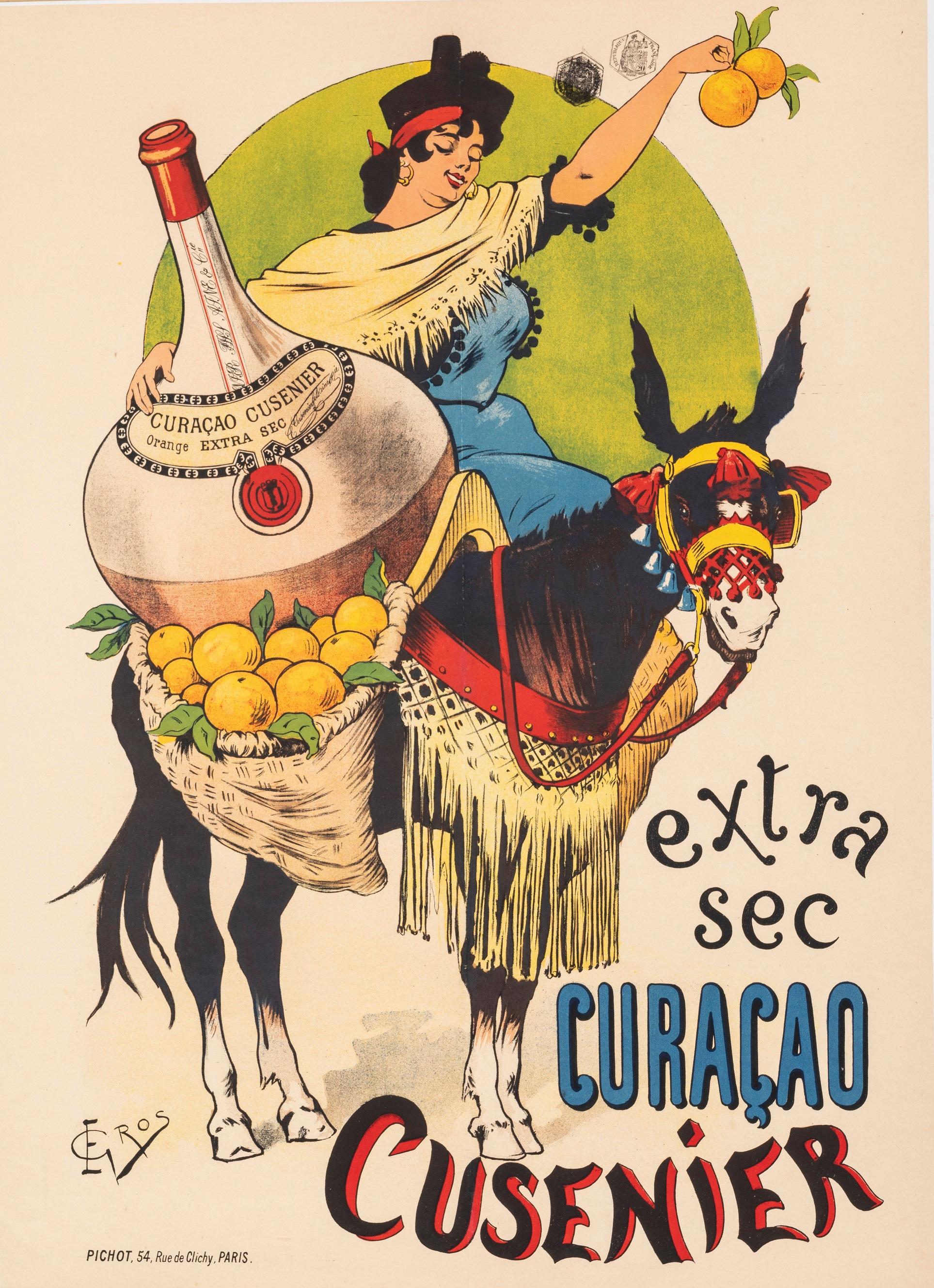 19th Century Gros, Original Vintage Poster, Curacao Cusenier, Liquor, Donkey, Orange, 1899 For Sale