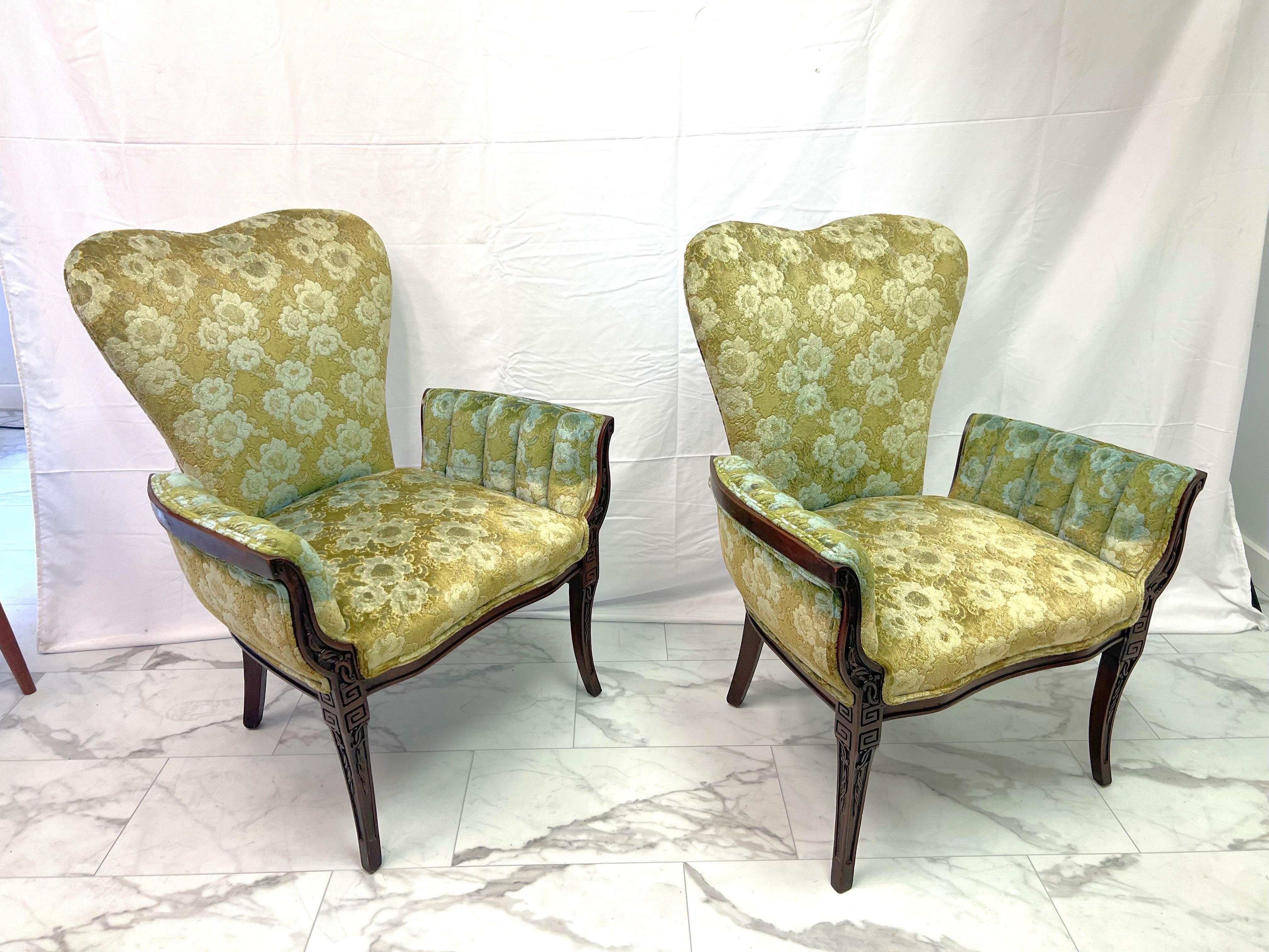 Mid-20th Century Grosfeld House Attributed Fireside Chairs in Green Floral Upholstery - a Pair For Sale