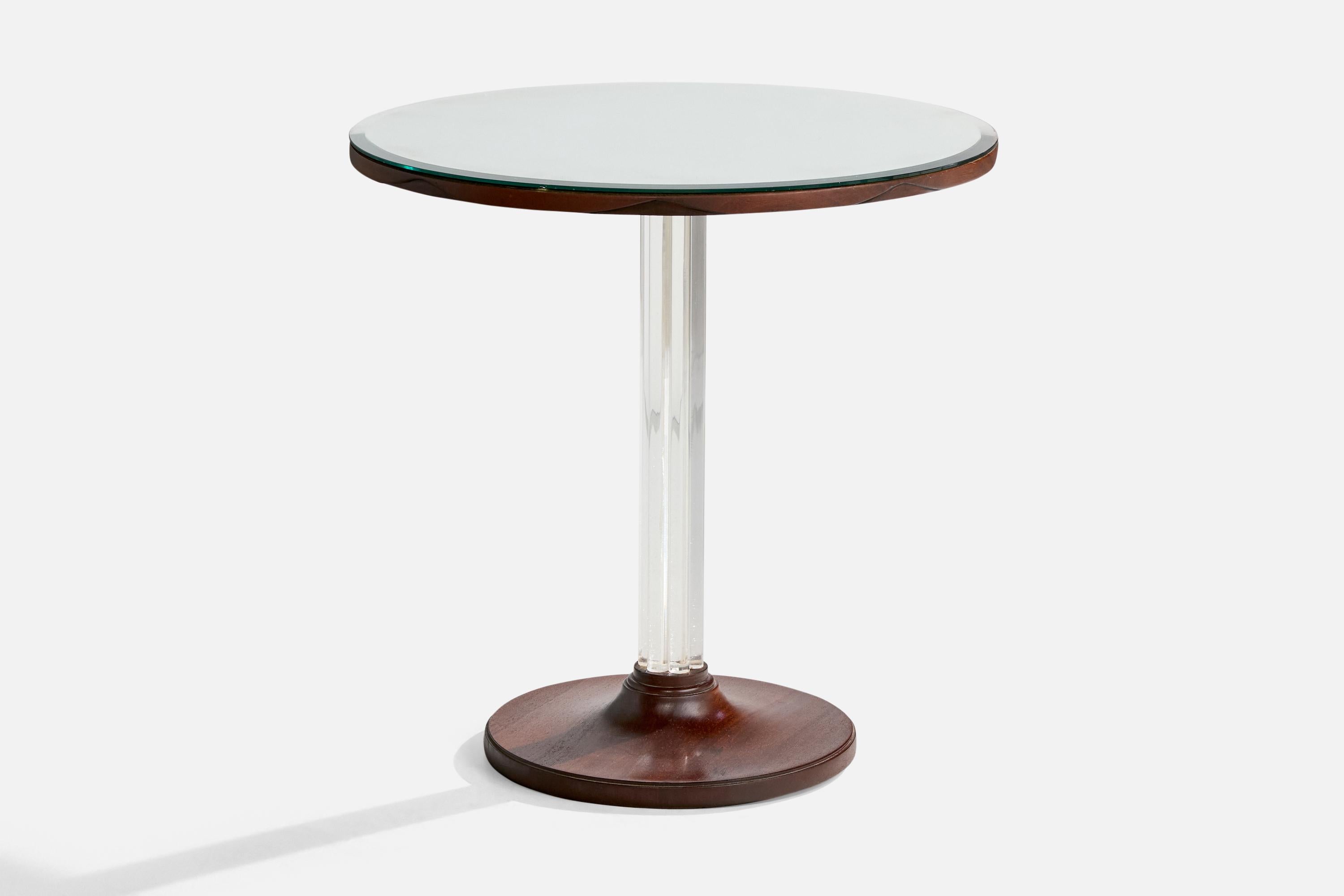 Tavolino in legno tinto scuro, lucite e vetro specchiato attribuito a Grosfeld House, USA, anni '40 circa.

Dimensioni complessive (pollici): 27,5