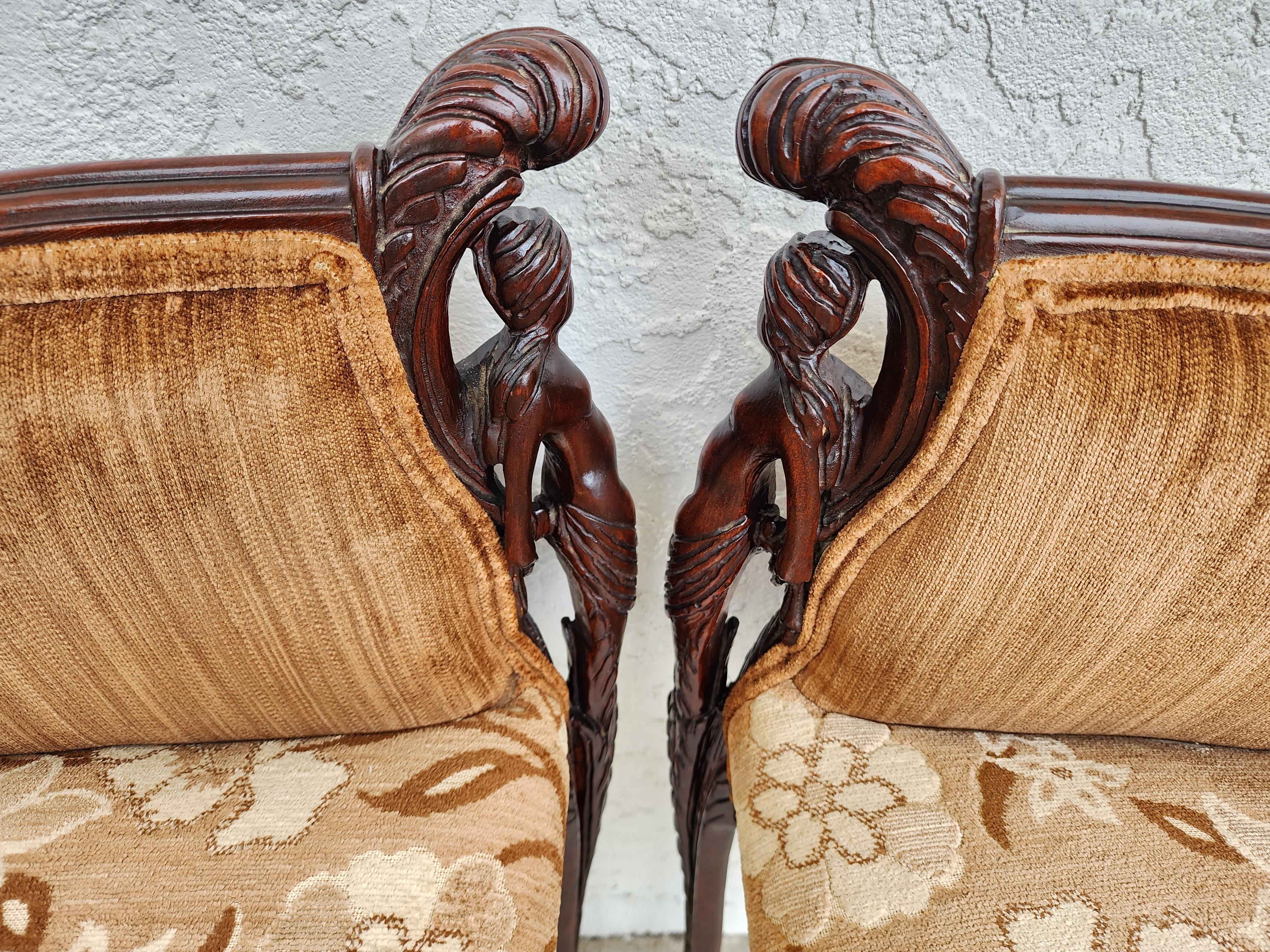 GROSFELD HOUSE Bergere Armchairs Walnut Nude Carvings For Sale 9