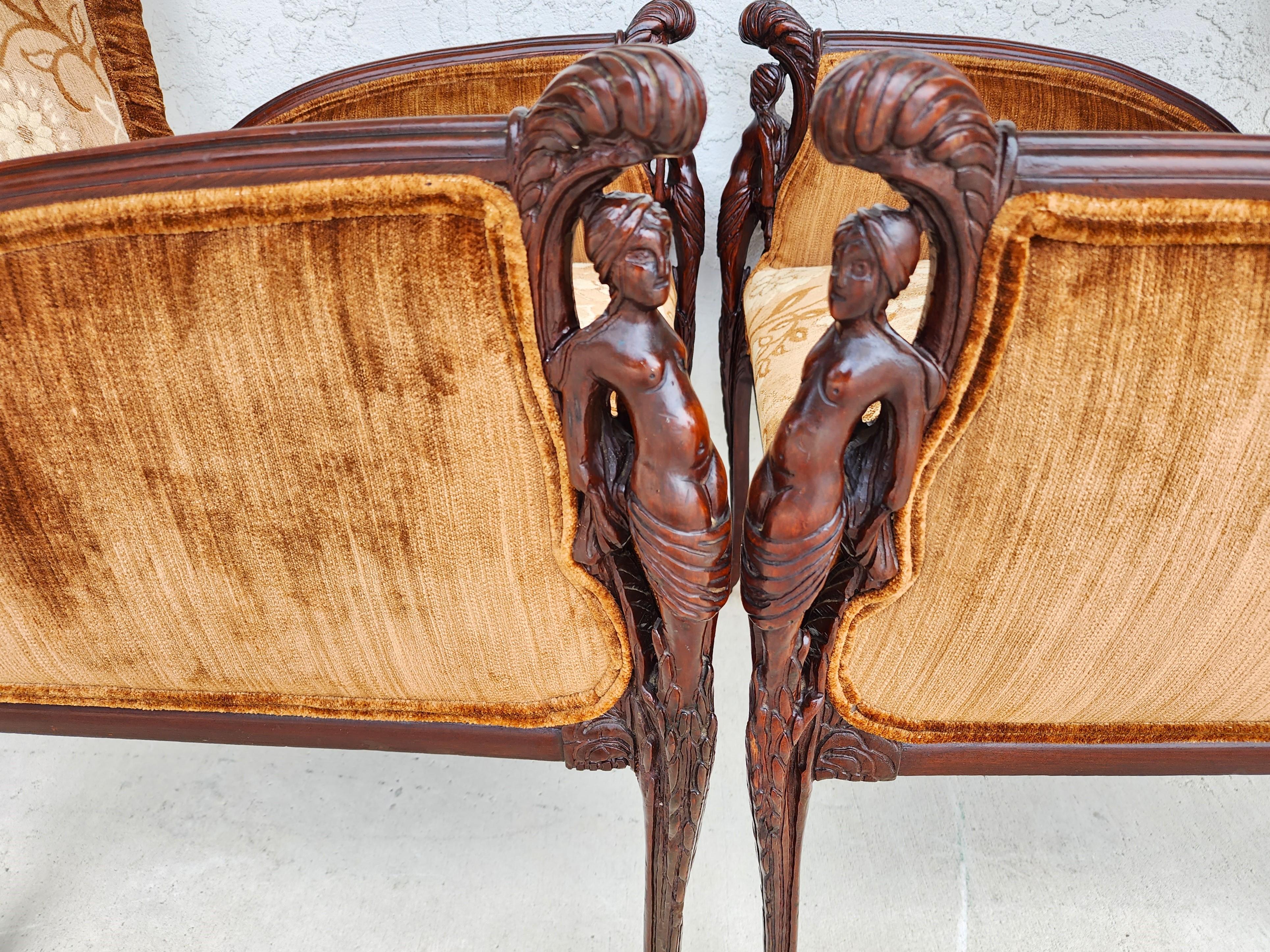 For FULL item description click on CONTINUE READING at the bottom of this page.

Offering One Of Our Recent Palm Beach Estate Fine Furniture Acquisitions Of A
Pair of GROSFELD HOUSE Armchairs in Walnut with Female Nude Carvings Adorning the Fronts