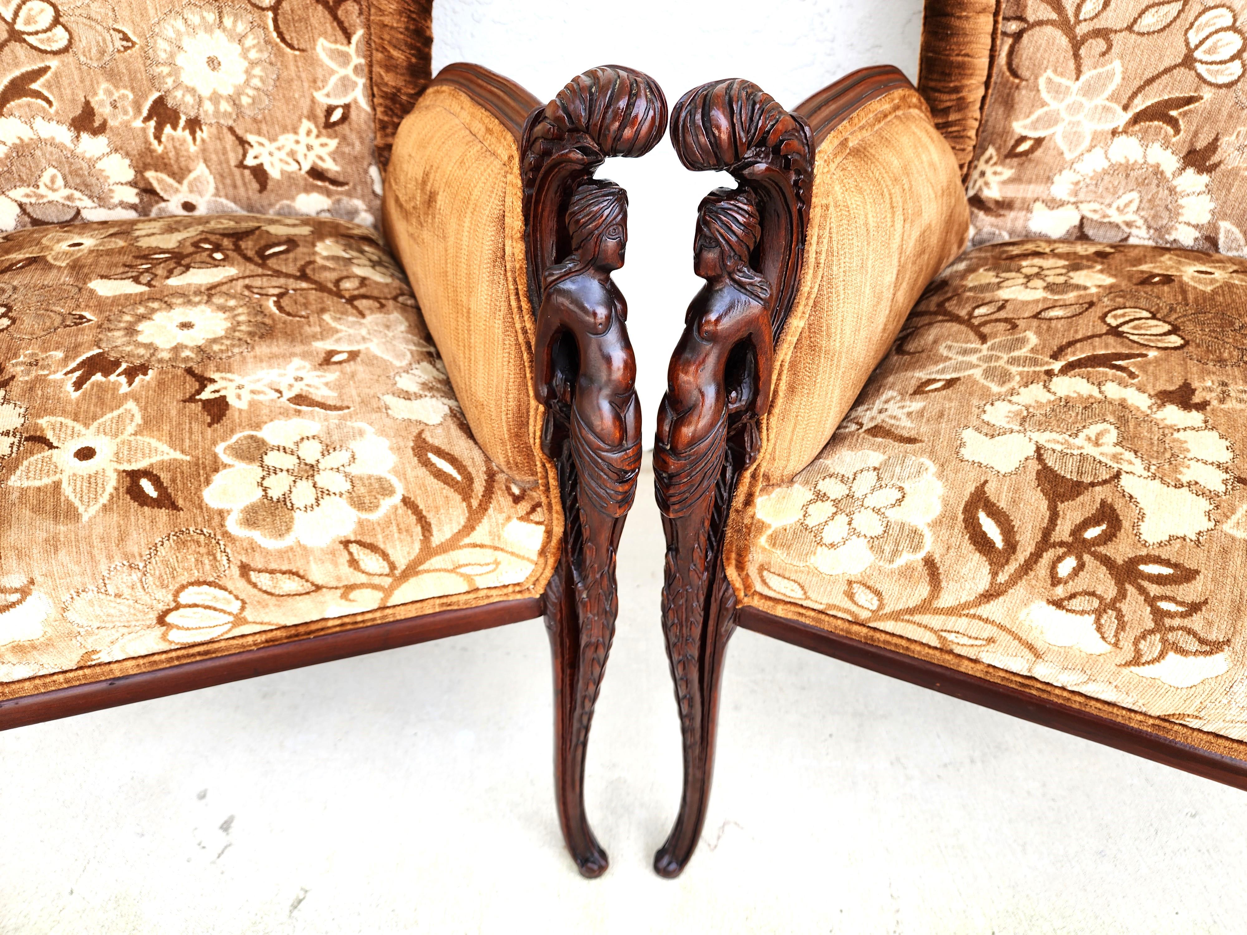 Hand-Carved GROSFELD HOUSE Bergere Armchairs Walnut Nude Carvings For Sale
