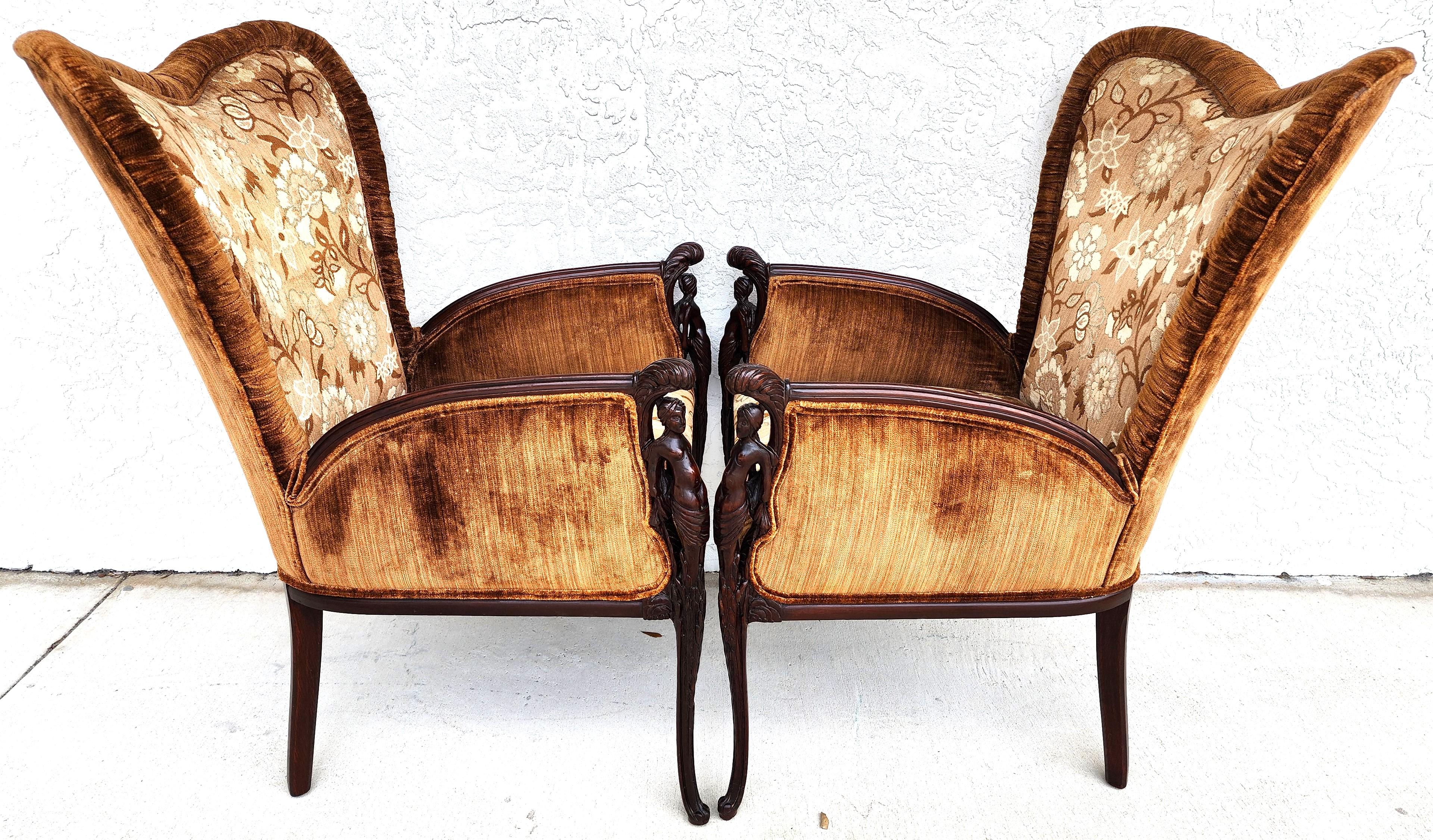 20th Century GROSFELD HOUSE Bergere Armchairs Walnut Nude Carvings For Sale
