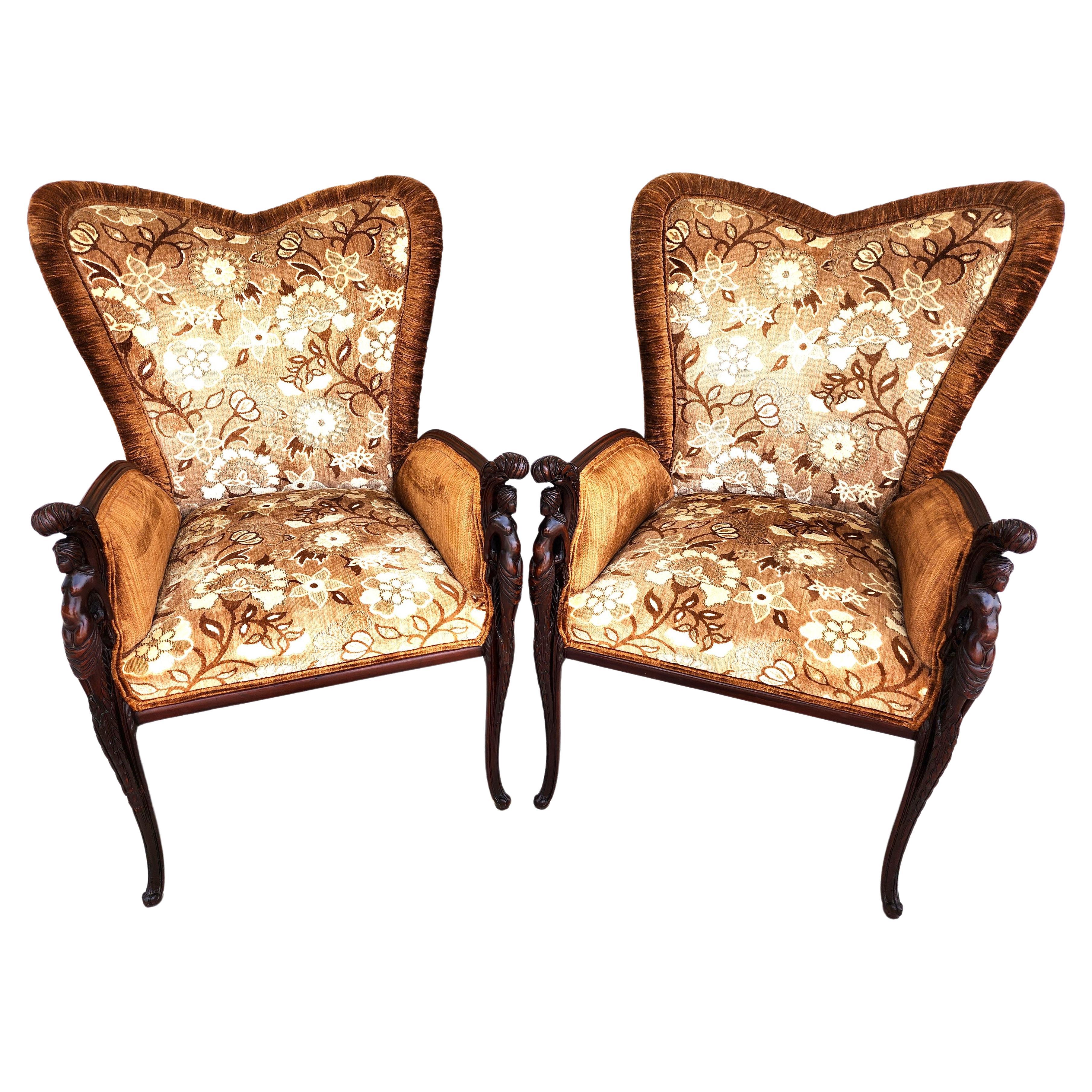 GROSFELD HOUSE Bergere Armchairs Walnut Nude Carvings For Sale