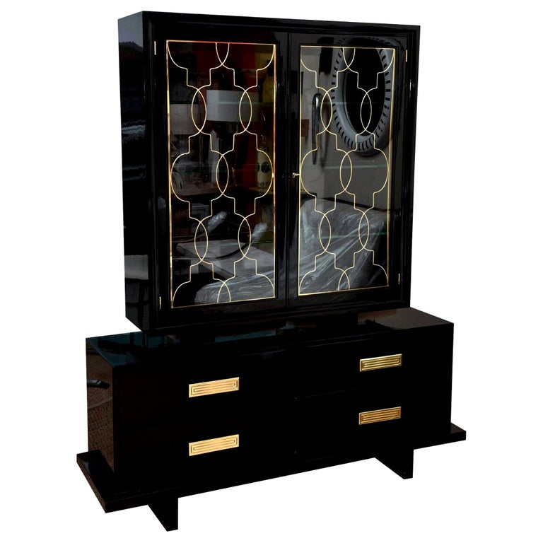 Grosfeld House Black Lacquer Over Wood Brass And Glass Cabinet Vintage For Sale At 1stdibs