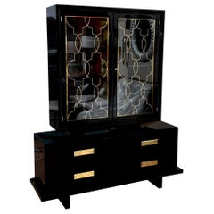 Grosfeld House Black Lacquered Wood, Brass and Glass Cabinet Vintage