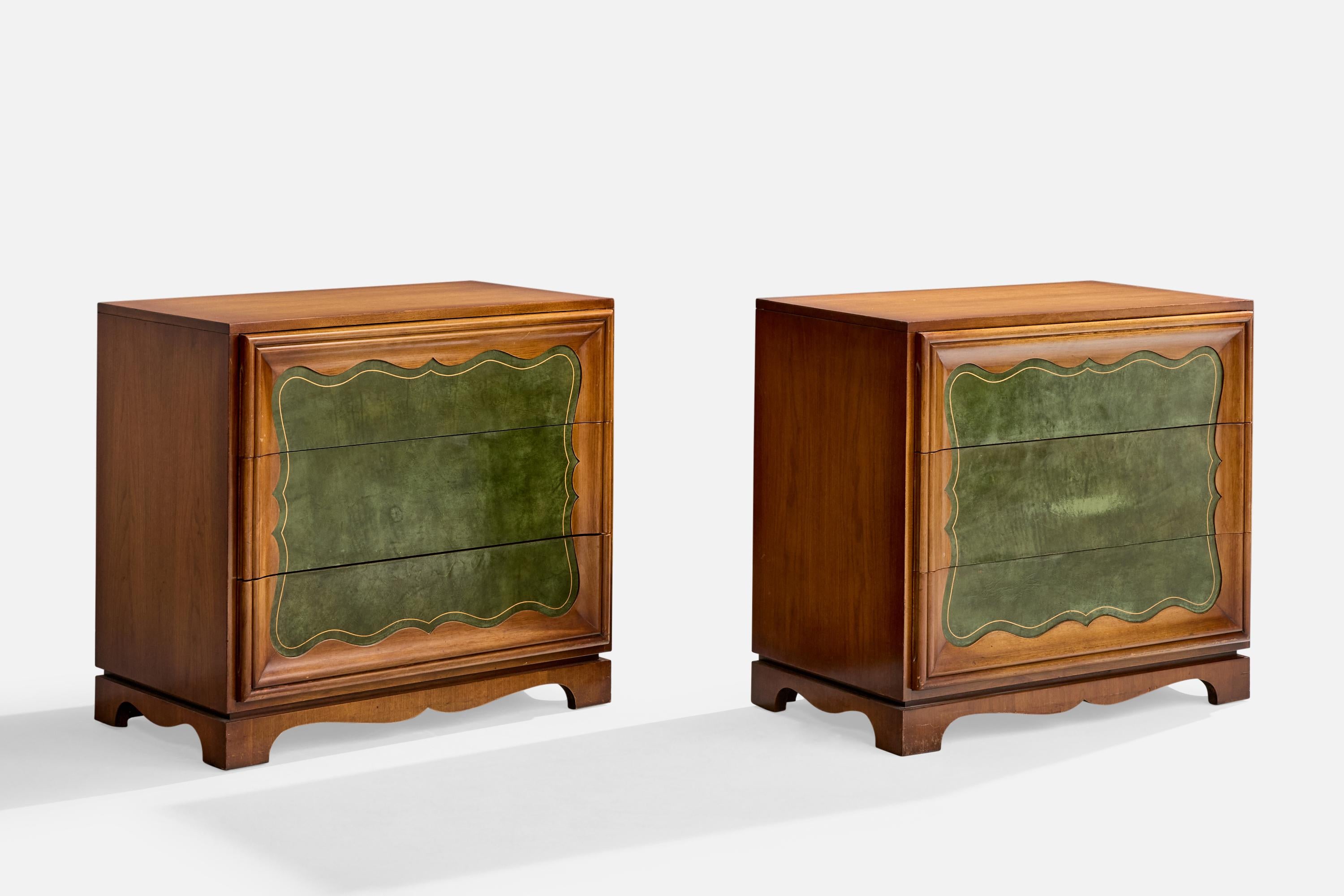 A pair of green-dyed leather and walnut chests of drawers produced by Grosfeld House, USA, c. 1940s.

Scratching and denting present to wood consistent with age and use

Wear to green leather consistent with age and use

Overall Dimensions (inches):