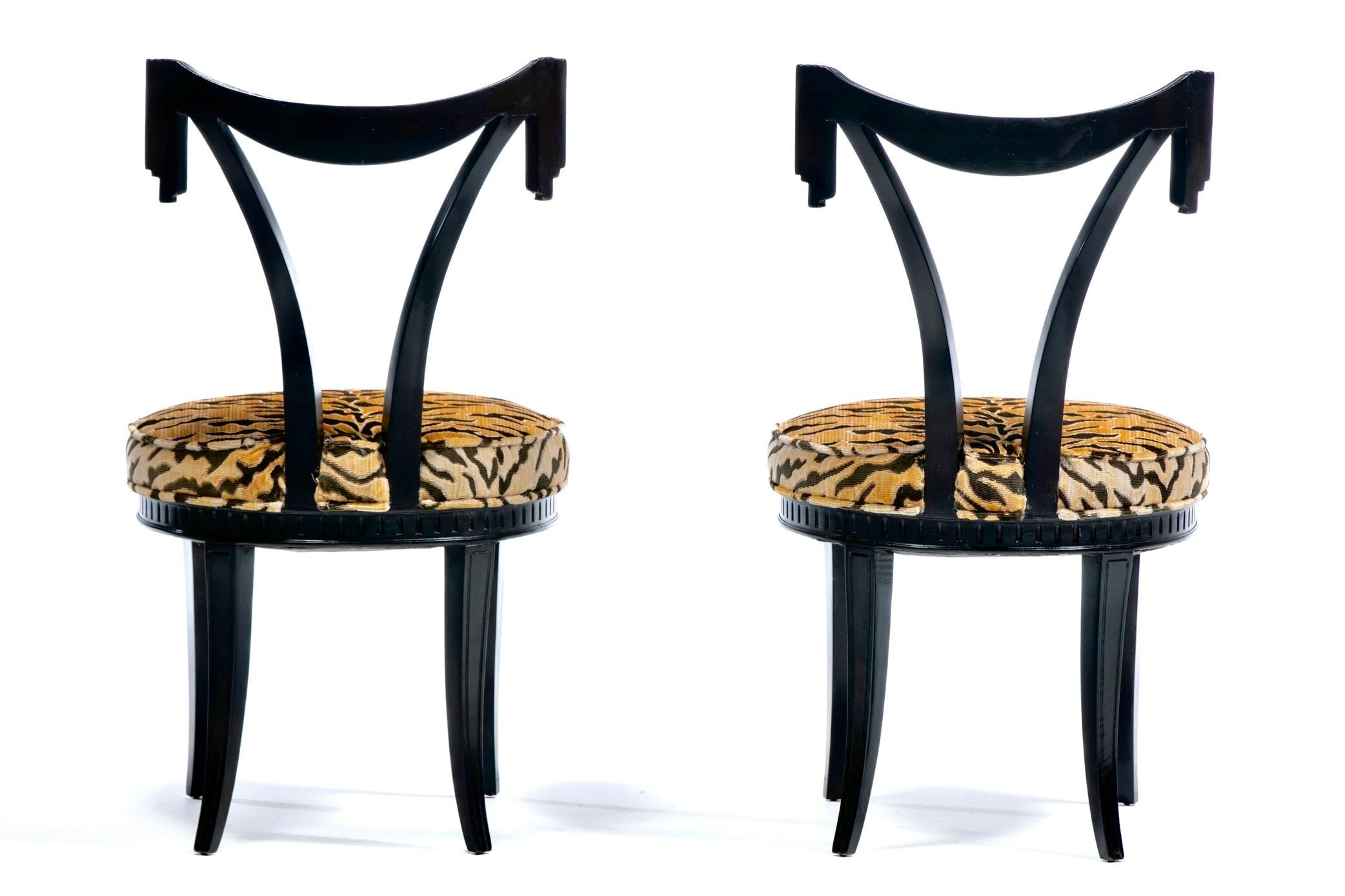 American Grosfeld House Drapery Swag Back Side Chairs with Tiger Velvet Seats c. 1970s