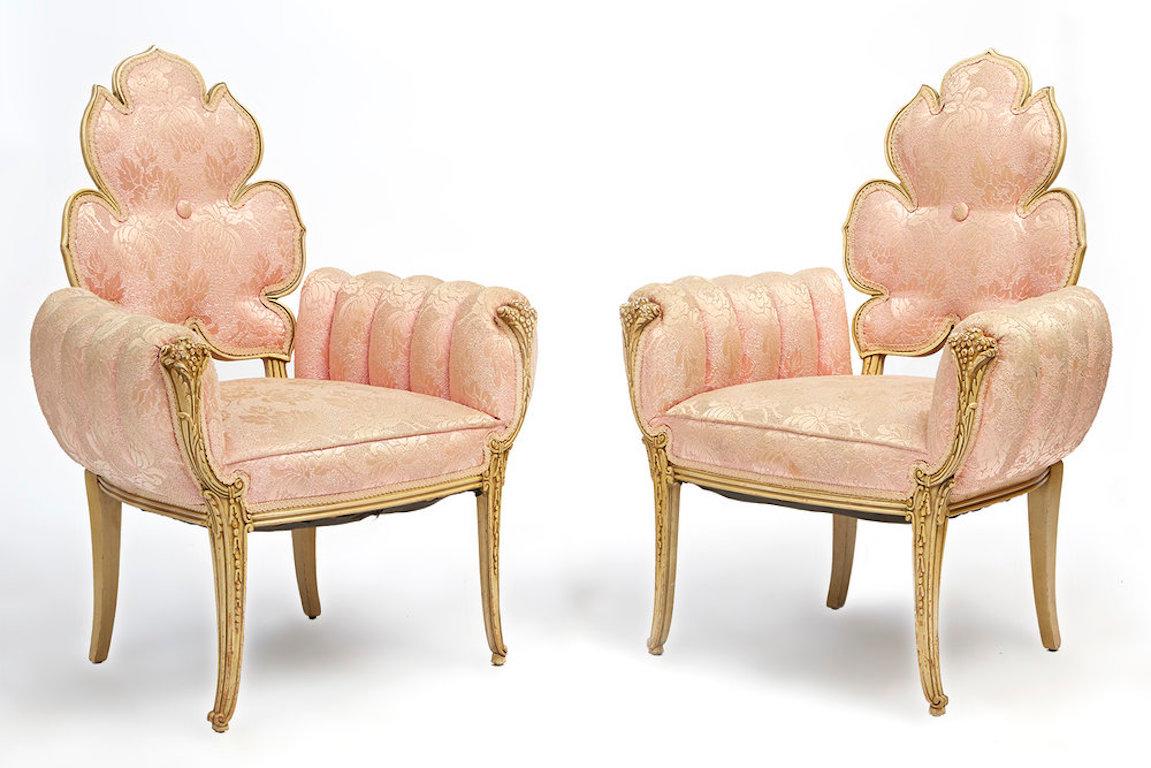 Hollywood Regency Grosfeld House Flower Back Chairs in Pink Brocade, 1940s