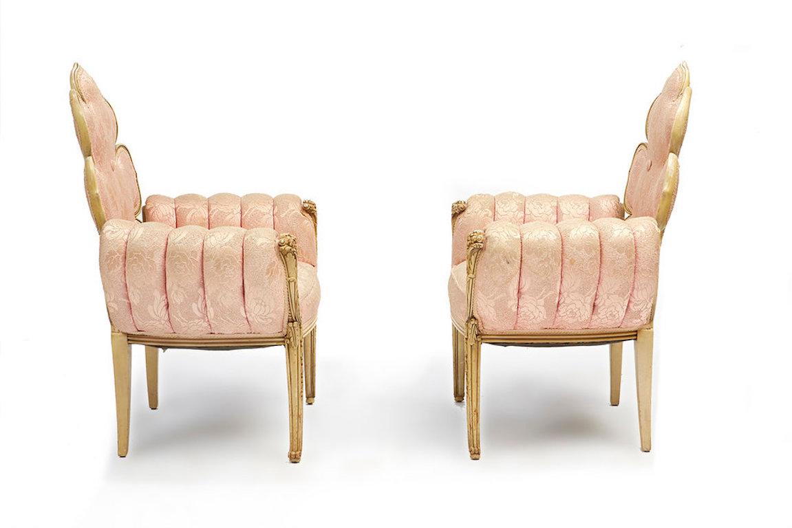Grosfeld House Flower Back Chairs in Pink Brocade, 1940s In Good Condition In Chicago, IL