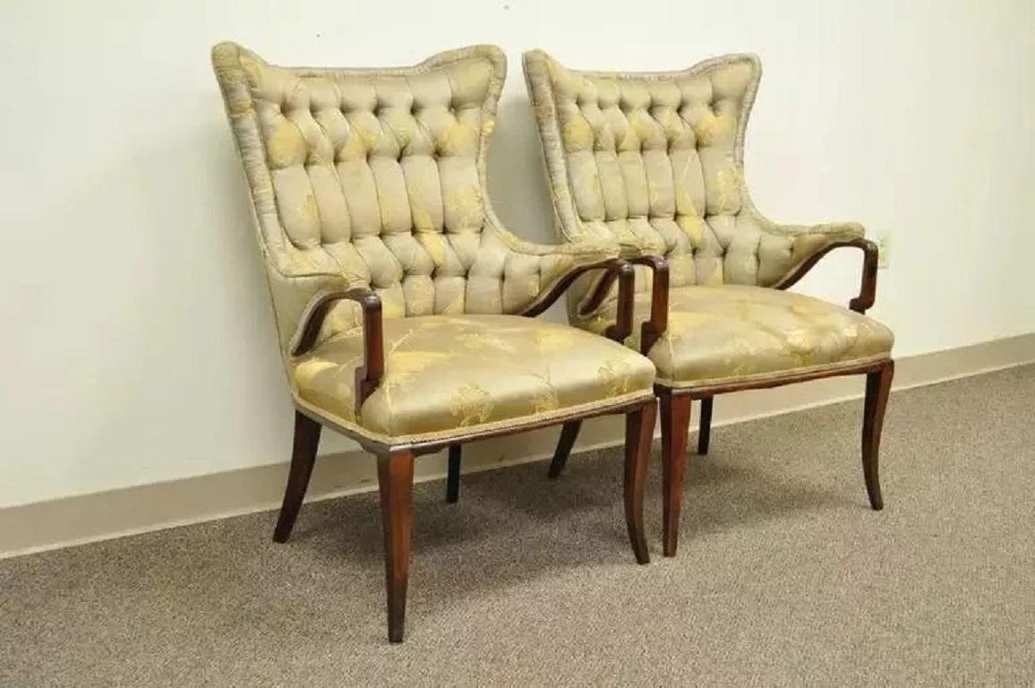Vintage Grosfeld House Hollywood Regency Mahogany Arm Chairs after Dorothy Draper in the Chinese Chippendale form- a Pair. Circa Mid 20th Century. Dimensions : 39