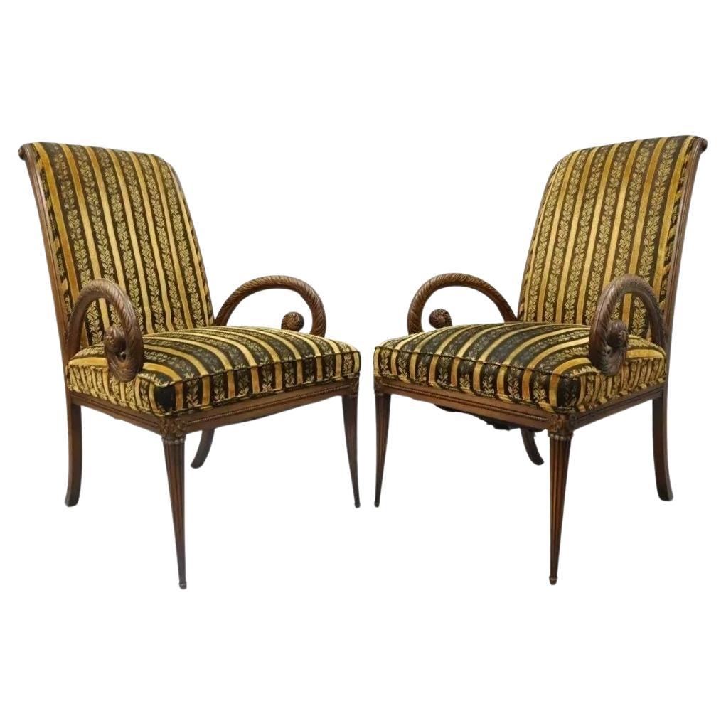 Grosfeld House Hollywood Regency Mahogany Plume Feather Carved Arm Chairs - Pair