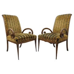 Grosfeld House Hollywood Regency Mahogany Plume Feather Carved Arm Chairs - Pair