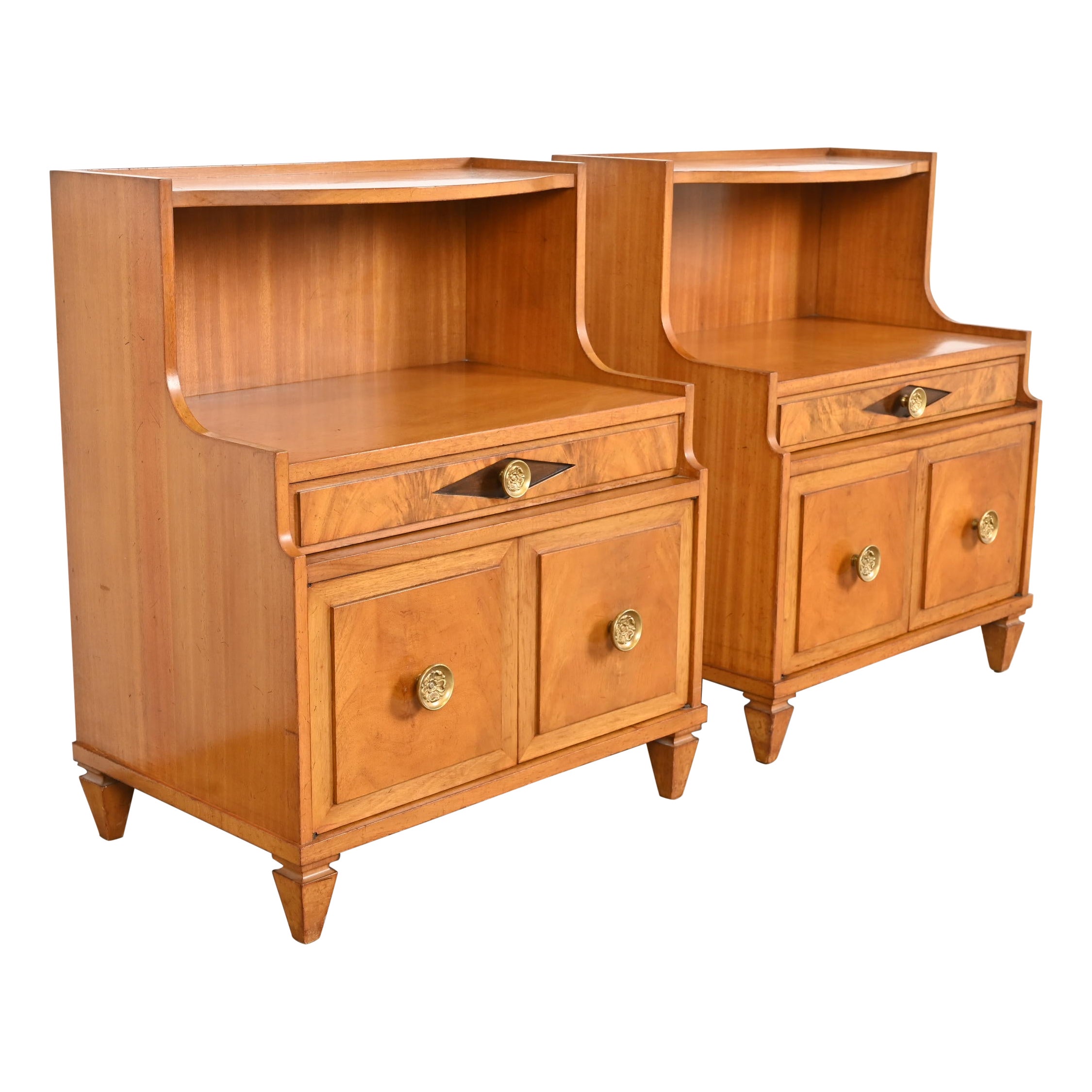 Grosfeld House Hollywood Regency Mahogany Two-Tiered Nightstands, Pair