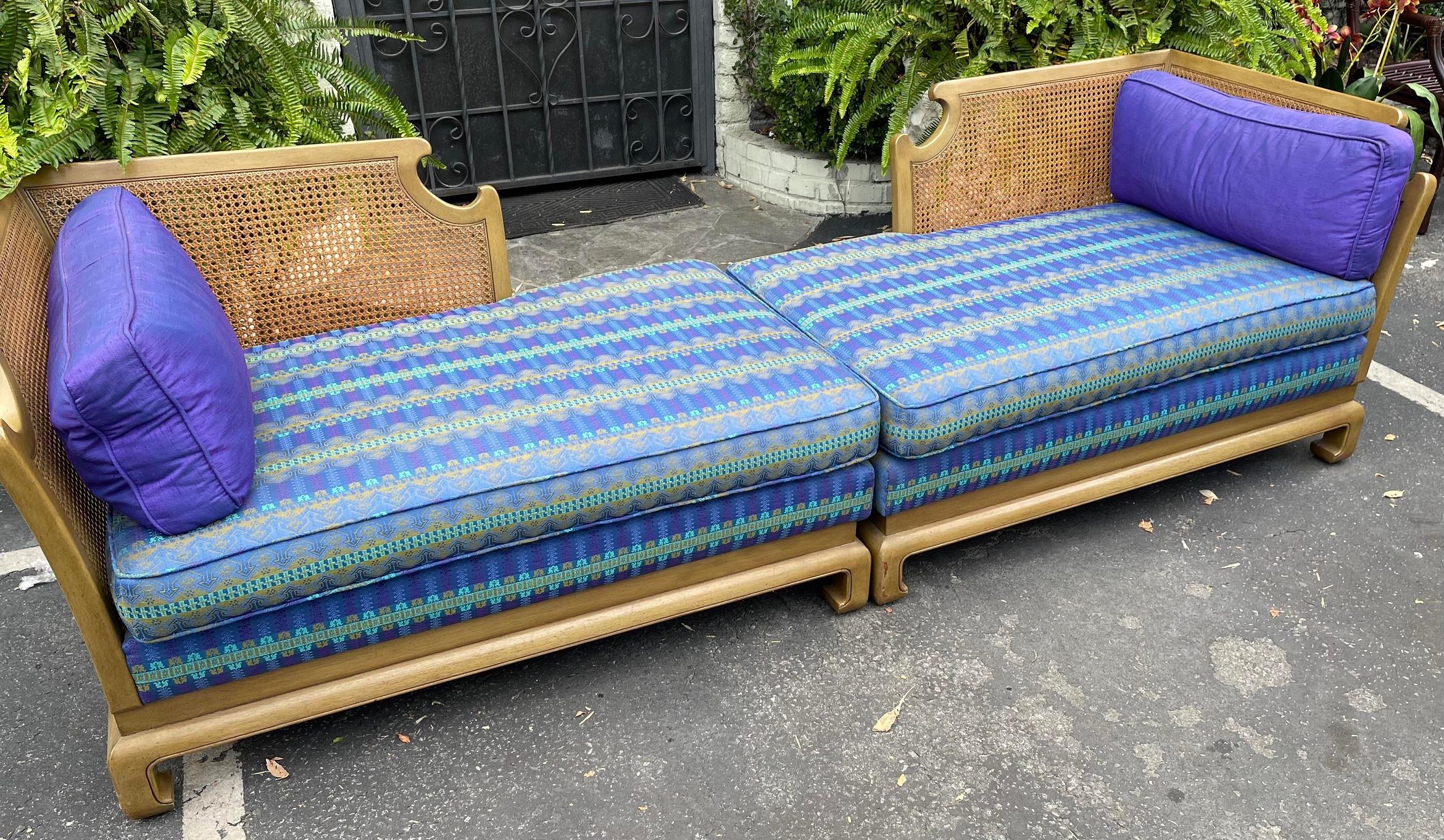 Grosfeld House Hollywood Regency Mid-Century Modern Chinese Chippendale 2 part sofa. Down filled purple and green cushions with pickled walnut finish and cane backs.