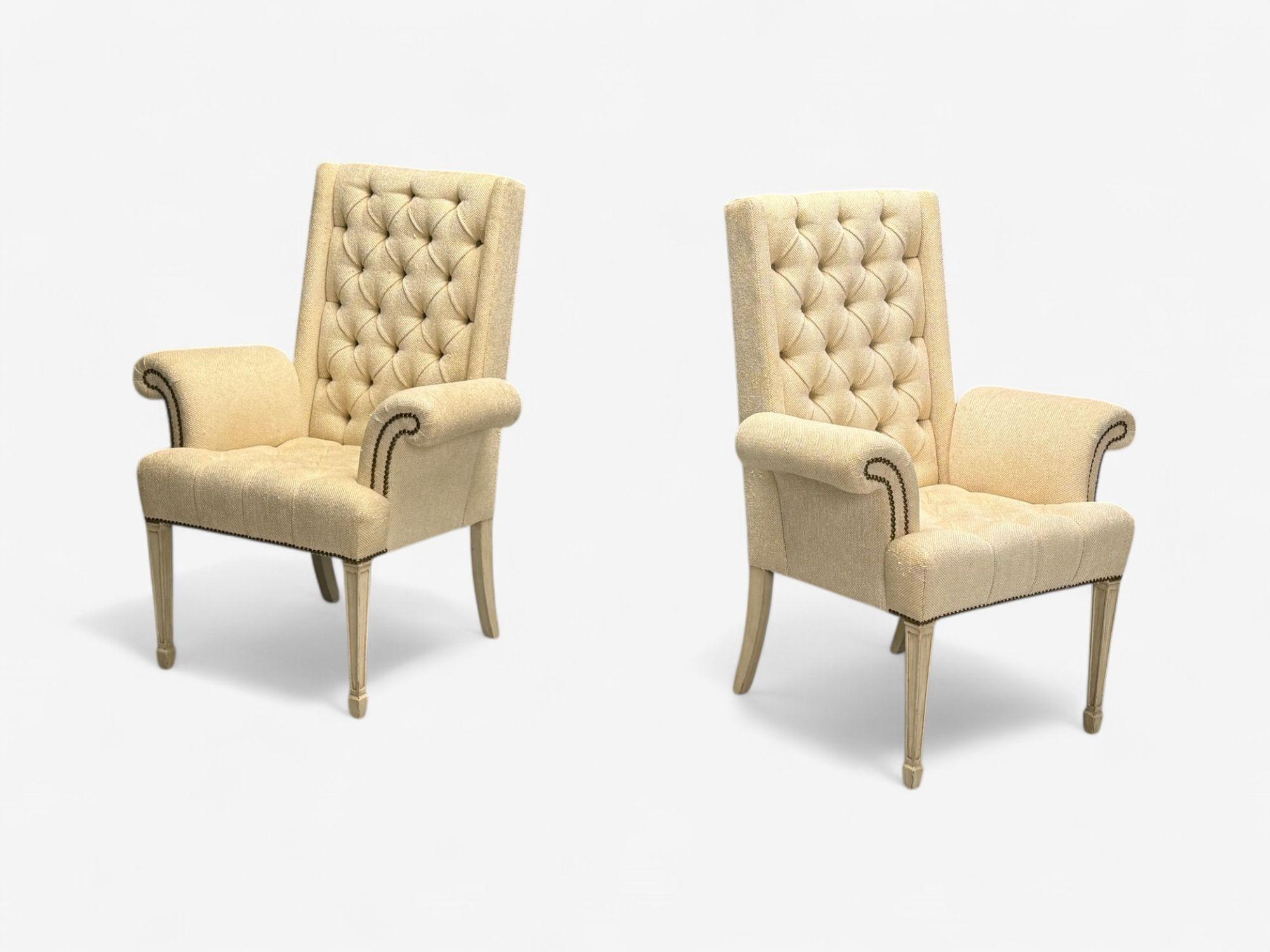 Grosfeld House, Louis XVI Style, Rolled Arm Occasional Chairs, Cream Painted Wood, Tweed Linen, 20th C.

A pair of traditional occasional arm or lounge chairs produced by Grosfeld House in the United States in the mid-20th century. Each chair