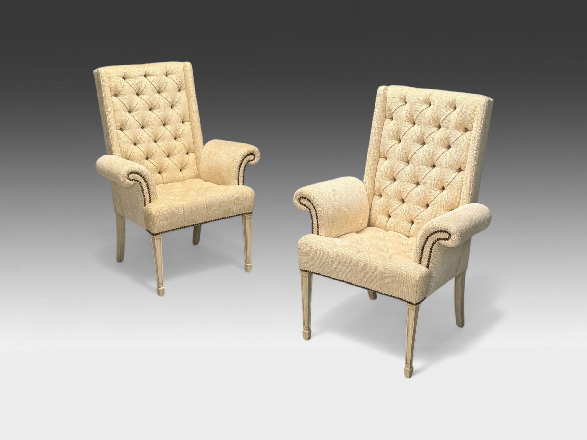 American Grosfeld House, Hollywood Regency, Rolled Arm Chairs, Painted Wood, Tweed Linen For Sale