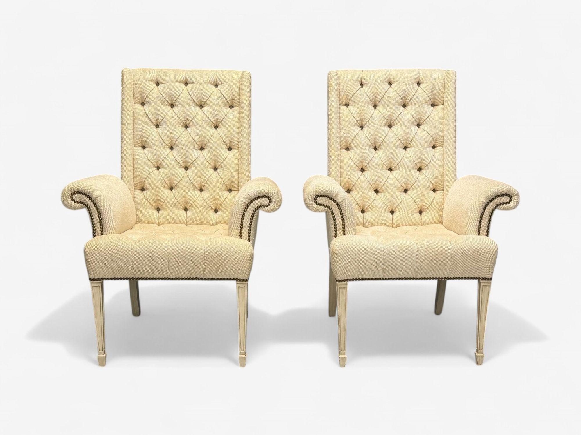Grosfeld House, Hollywood Regency, Rolled Arm Chairs, Painted Wood, Tweed Linen In Good Condition For Sale In Manhasset, NY