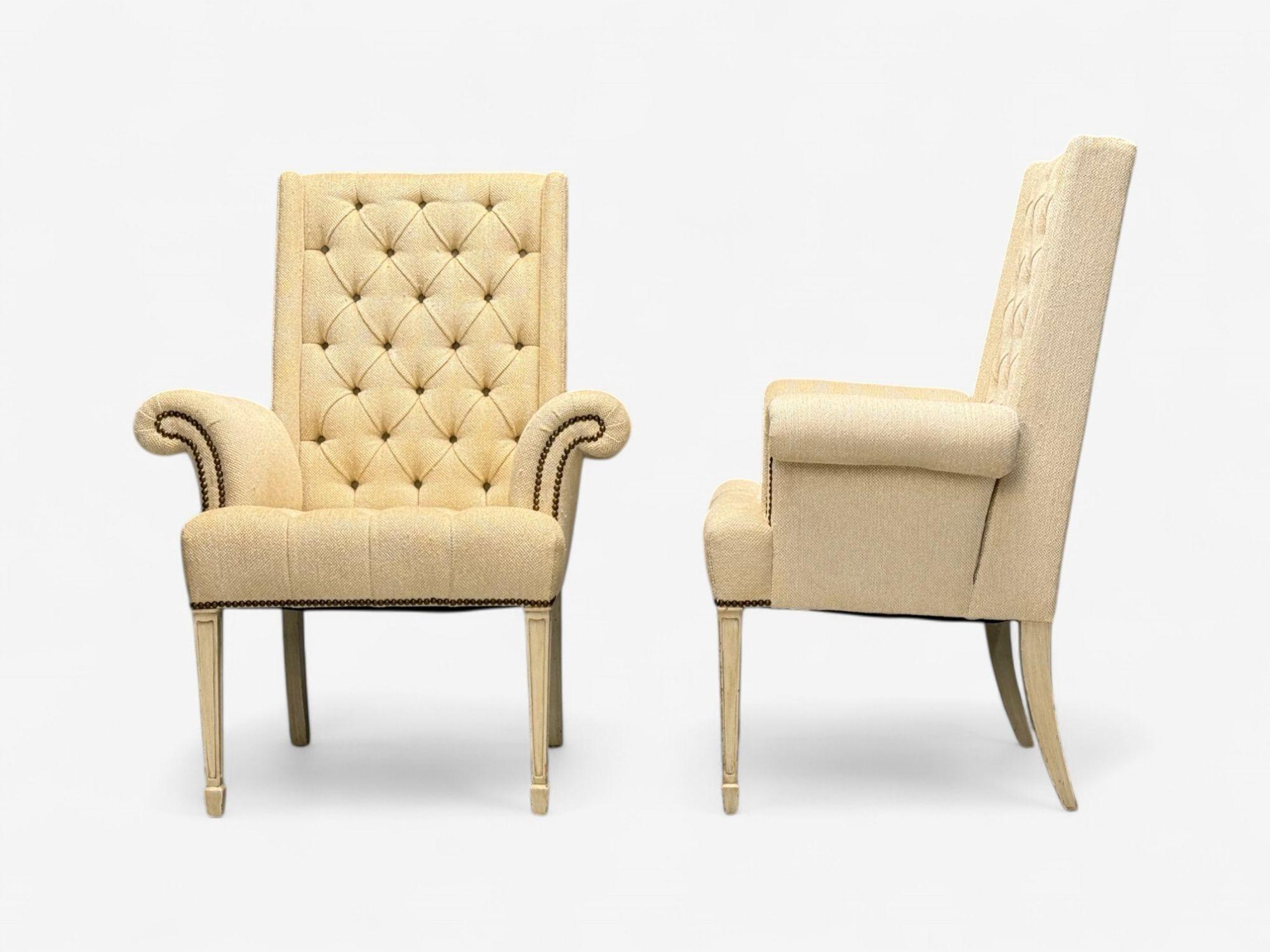 Late 20th Century Grosfeld House, Hollywood Regency, Rolled Arm Chairs, Painted Wood, Tweed Linen For Sale