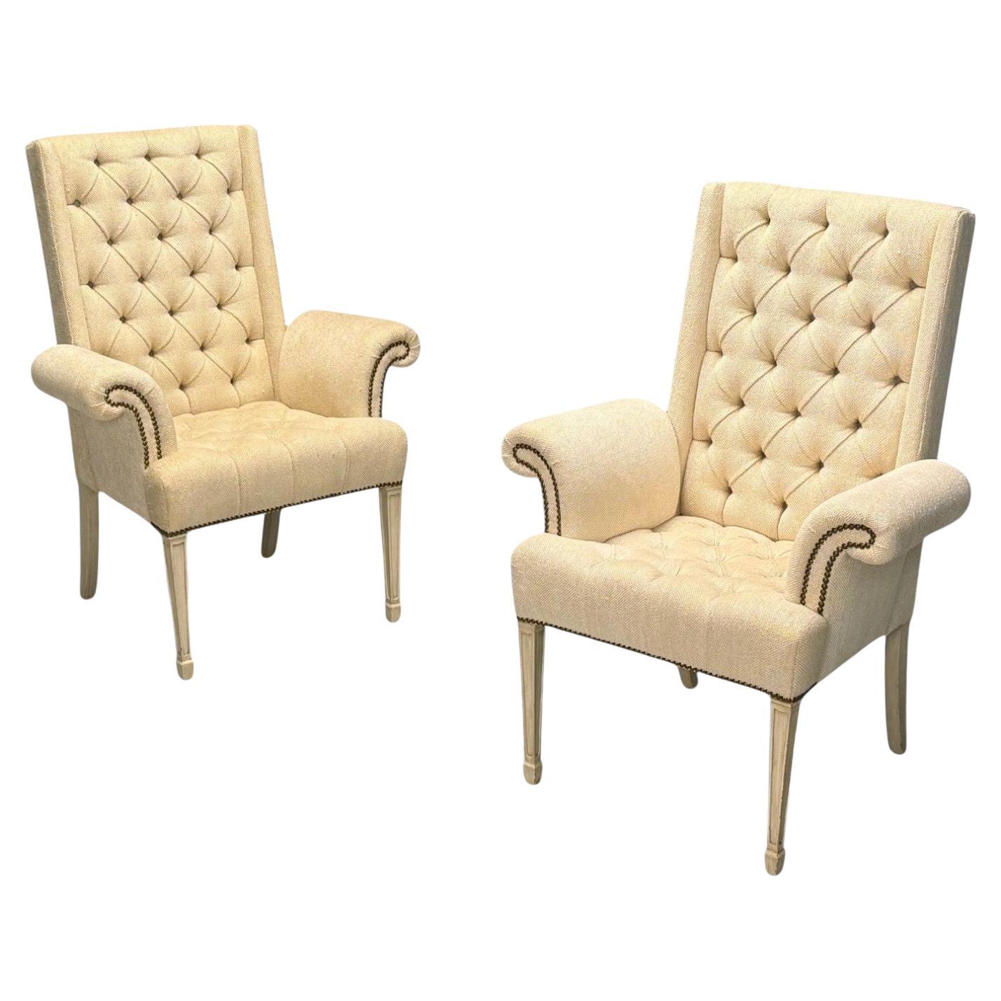 Grosfeld House, Hollywood Regency, Rolled Arm Chairs, Painted Wood, Tweed Linen For Sale