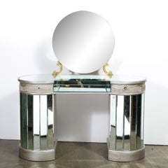 Grosfeld House Hollywood Regency Silvered, Brass & Mirrored Vanity Table/ Desk