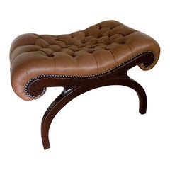 Grosfeld House Lambskin Tufted Bench with Walnut Finish and Nail Head Detail